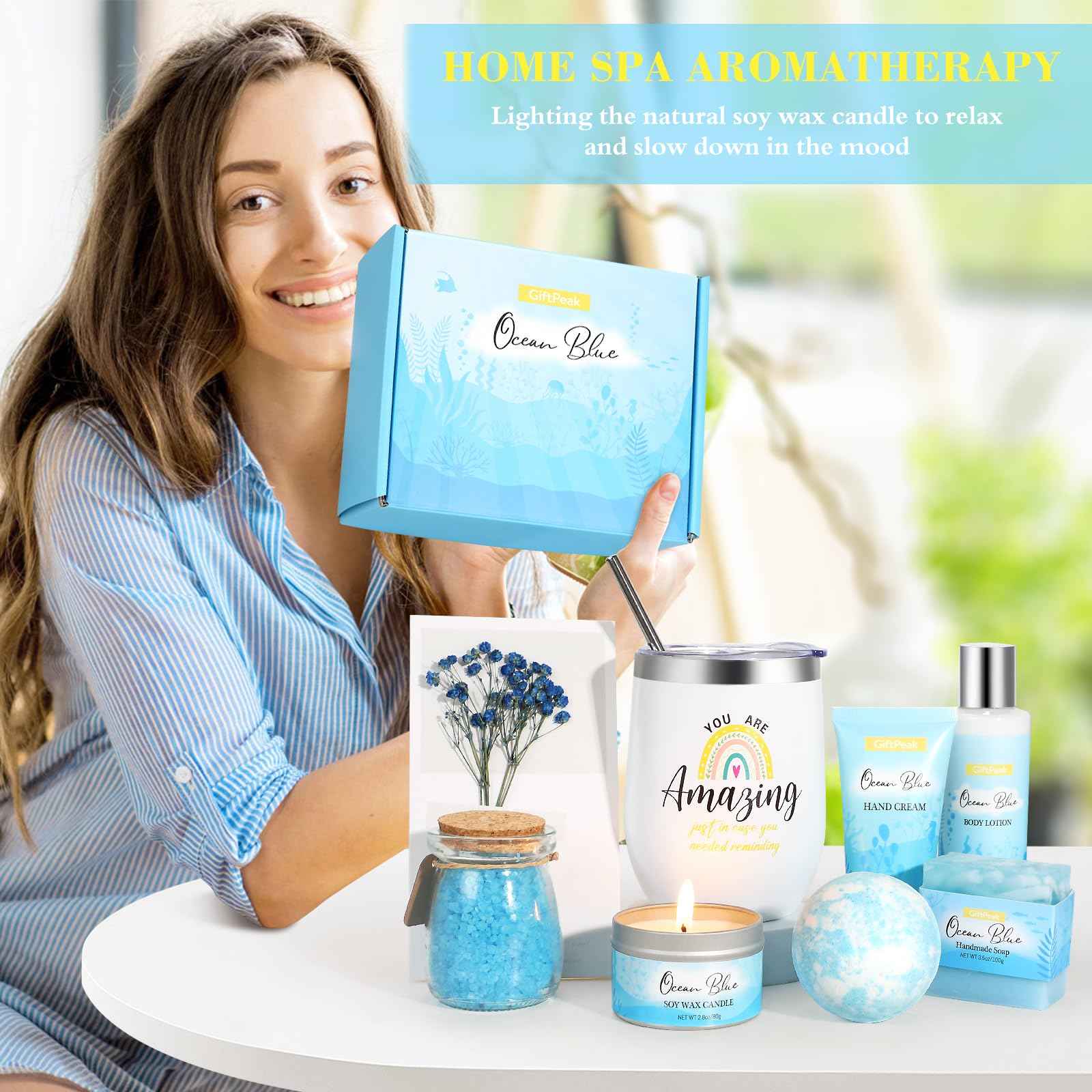 Birthday Gifts for Women, Ocean Scented Relaxing Spa Gift Baskets for Women Mom Her Wife Sister Friends Coworker Employee, Self Care Bath and Body Gift Set for Mother's Day Birthday Inspirational Gift