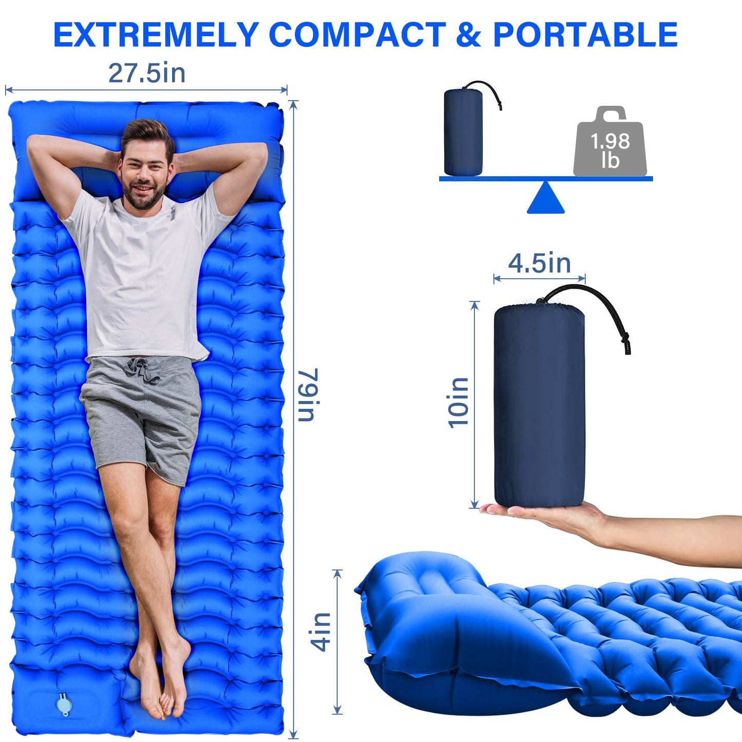 Camping Sleeping Pad, Ultralight Camping Pad with Pillow Built-in Foot Pump Inflatable Sleeping Mat Compact for Camping Backpacking Hiking Traveling - Blue