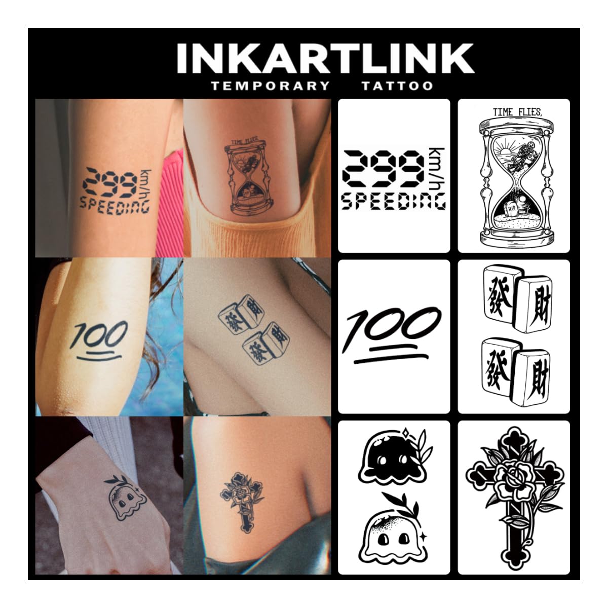 INKARTLINK Tattoo Tech,6 Sheets Small Semi Permanent Tattoo, Temporary Tattoos Adult, Last 1-2 Weeks, Waterproof, Realistic look, No Adhesive, No reflection (Numbers, Fortune, Cross）