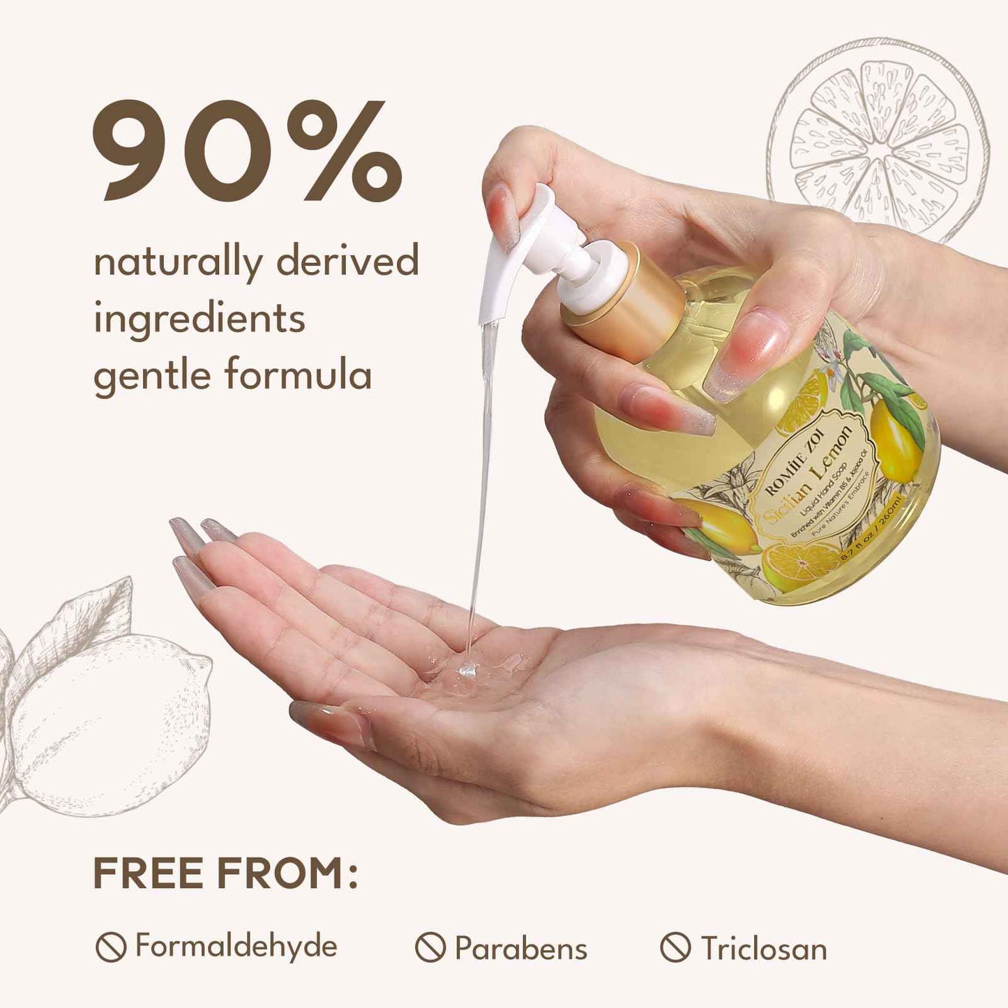 ROMIIE ZOI Lemon Scent Liquid Hand Soap Refills - Natural, Gentle & Moisturizing Formula - Family Size 3 Pack, Ideal for Liquid Soap Dispensers in Kitchen & Bathroom