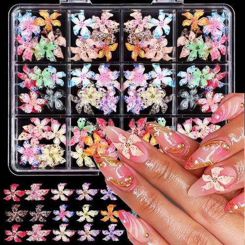 COOSLIM 60PCS Flower Nail Art Charms 3D Hawaii Flowers Nail Rhinestones Colorful Flower Nail Diamonds Hibiscus Floral Nail Gems Summer Nail Jewelry Tiny Flowers Nail Design for Women Nail Supplies