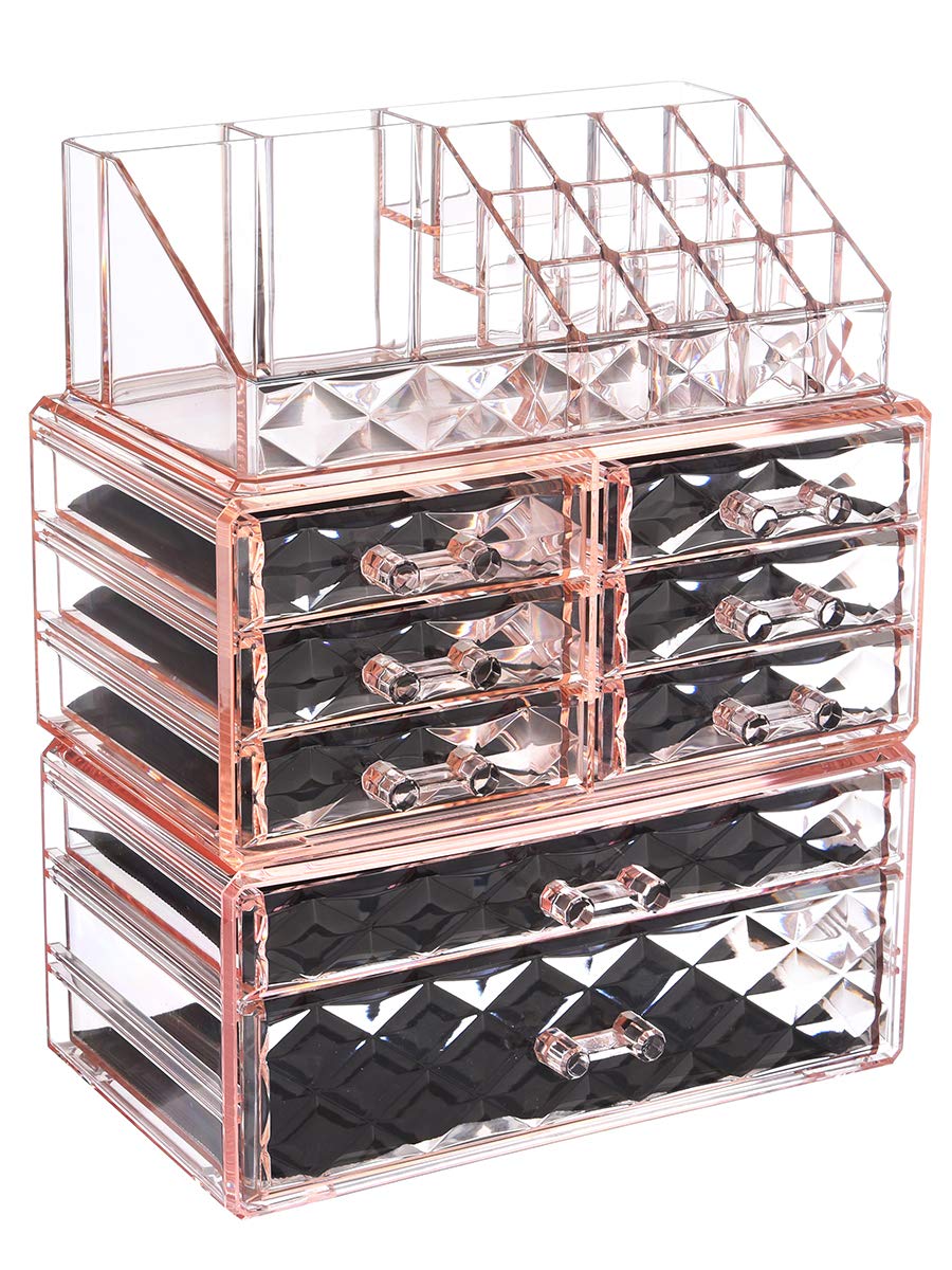 ZHIAI Makeup Organizer Acrylic Cosmetic Storage Drawers and Jewelry Display Box Transparent (Style C(Pink Diamond): 1 Top, 6 Small, 1 Large, 1 XLarge Drawers)