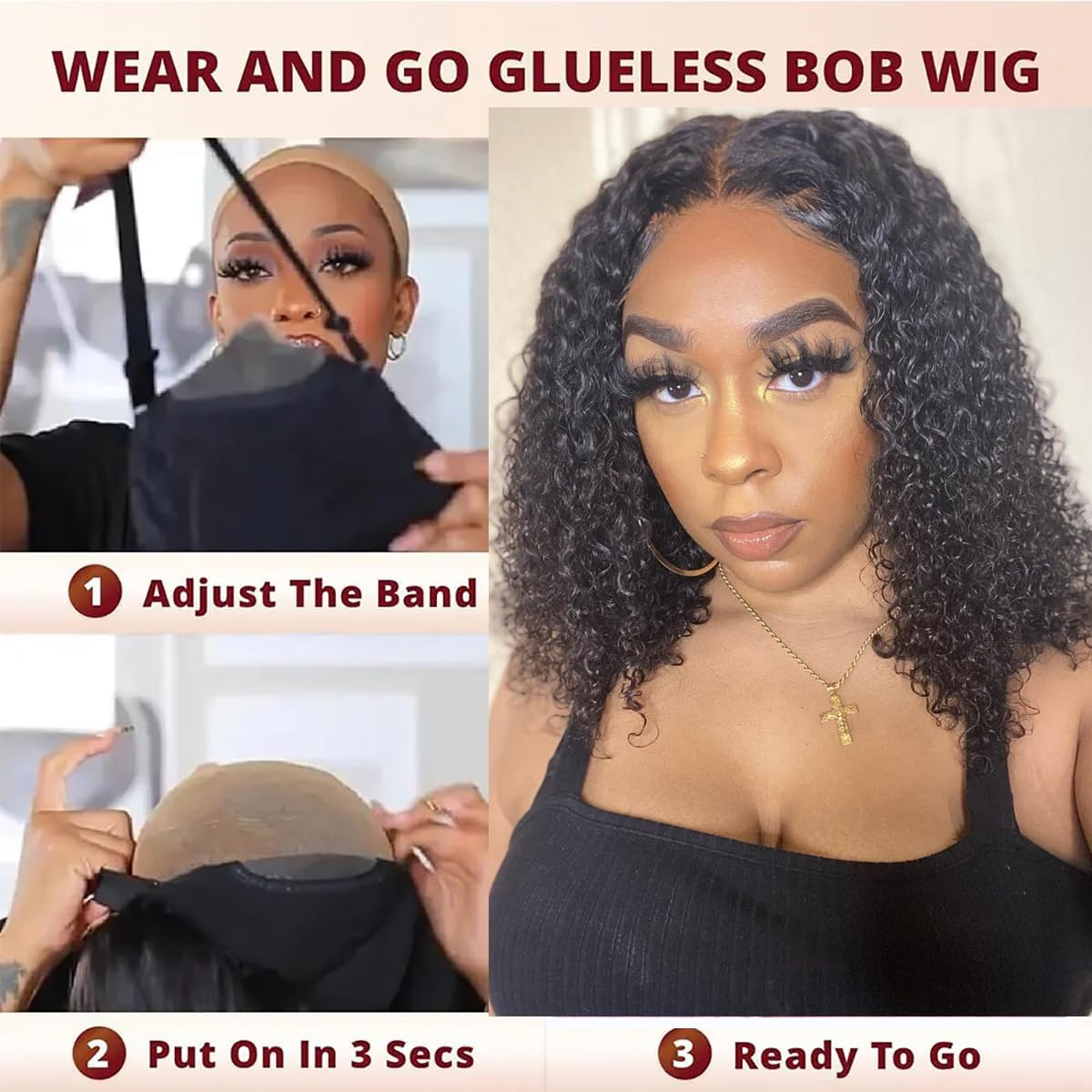 Maytune Wear and Go Glueless Wigs Human Hair Pre Plucked Pre Cut Deep Wave Curly Bob Wig Human Hair Lace Front Wigs for Black Women 4x4 Glueless Lace Closure Human Hair Bob Wigs 10 Inch