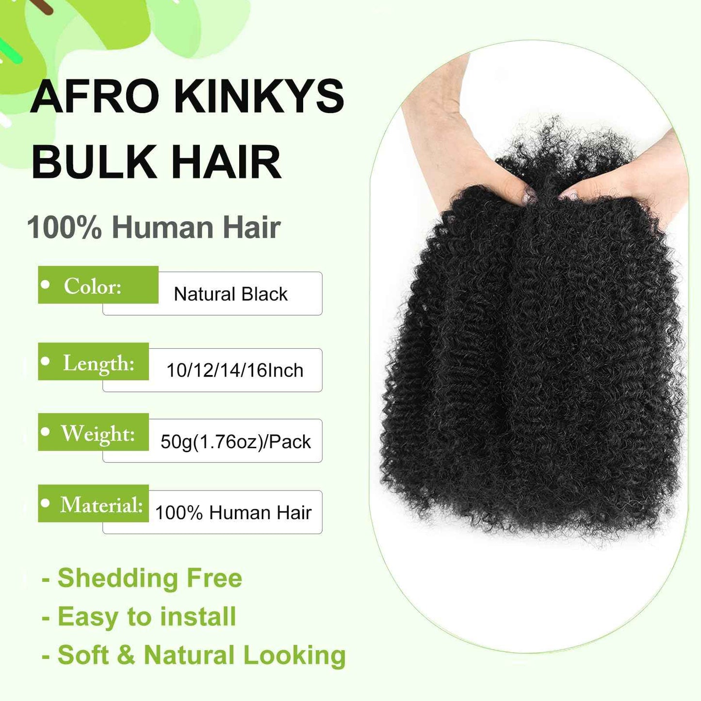16 Inch Afro Kinkys Bulk Human Hair Kinky Curly Braiding Hair for Mini Twist 50g/Pack Natural Black 4C Dreadlock Extensions for Permanent Sister Locs/Mini Twists/Braids/Repair Can Dye and Bleach