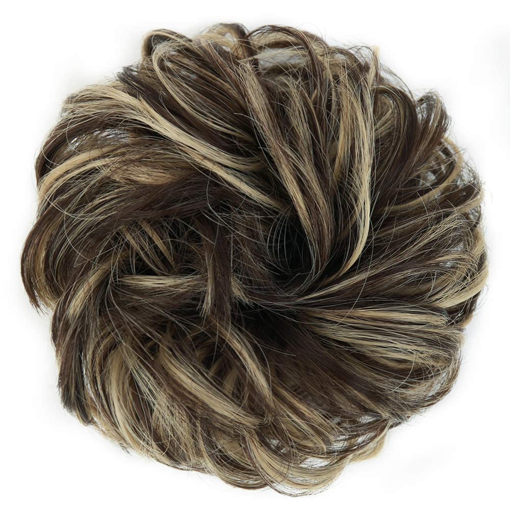 MORICA 1PCS Messy Hair Bun Hair Scrunchies Extension Curly Wavy Messy Synthetic Chignon for Women (Dark Brown & Ash Blonde)