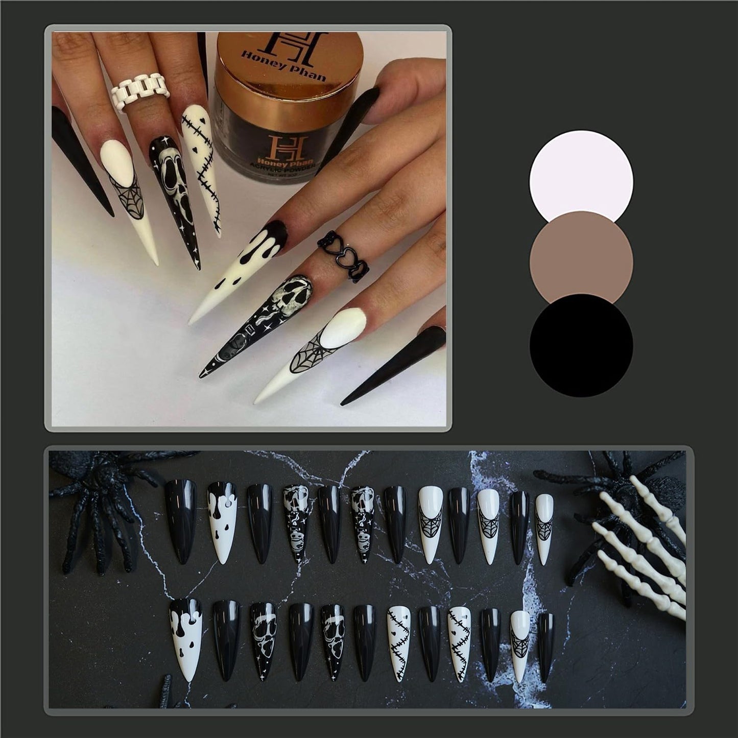 Halloween Press on Nails Extra Long Fake Nails Almond Shape Acrylic Nails RIICFDD Stiletto Nails Press ons Spider Web Glue on Nails Full Cover Black and White Stick on Nails for Women 24 Pcs