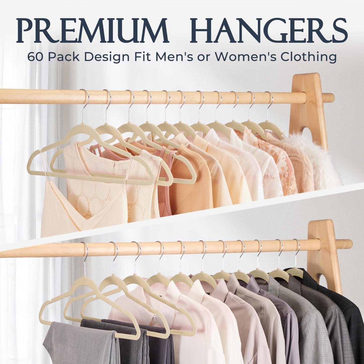 HOUSE DAY Beige Velvet Hangers 60 Pack, Premium Clothes Hangers Non-Slip Felt Hangers, Sturdy Hangers Heavy Duty Coat Hangers, Durable Suit Hangers for Space Saving, No Hanger Marks 360° Rotating