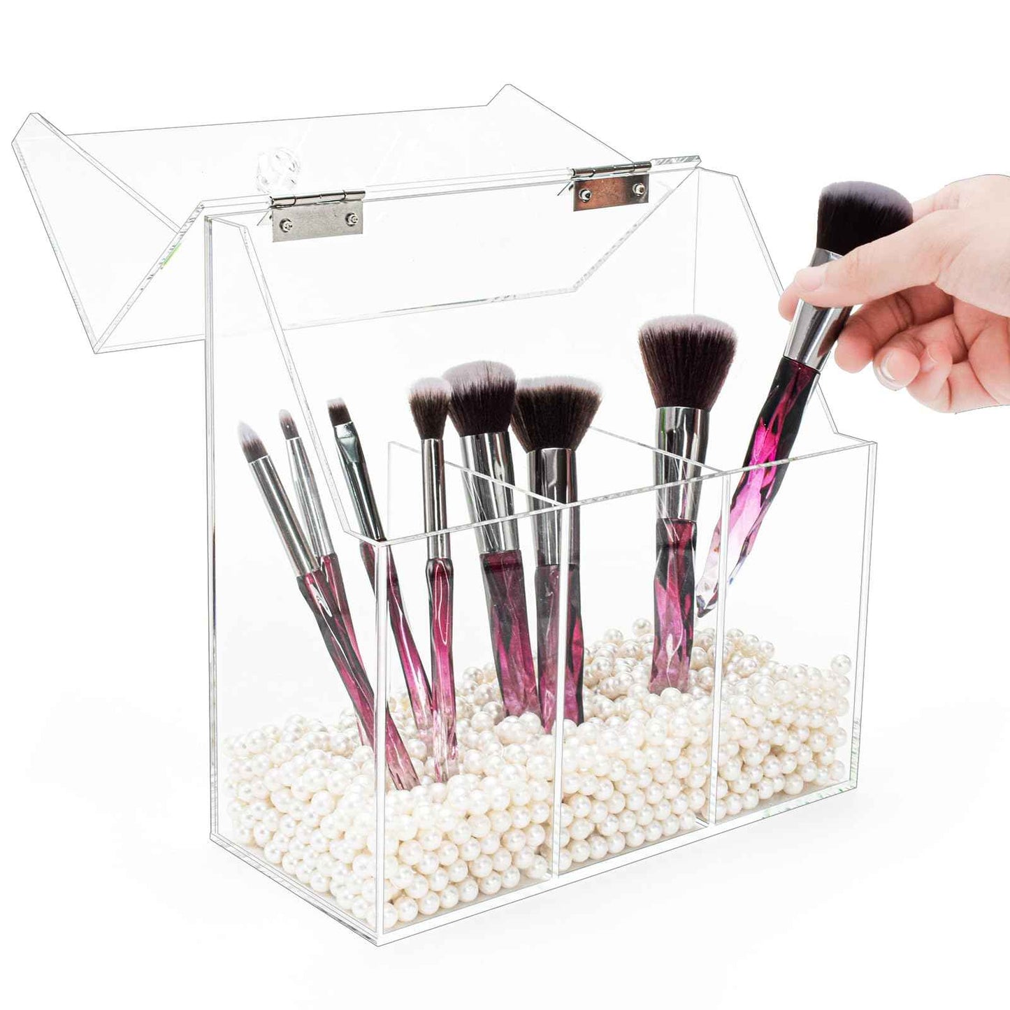 Okllen Makeup Brush Holder with Dustproof Lid, White Pearls, Acrylic Clear Makeup Brush Organizer with 3 Compartment, Large Cosmetic Brush Storage Box Case for Vanity, Bathroom, Bedroom