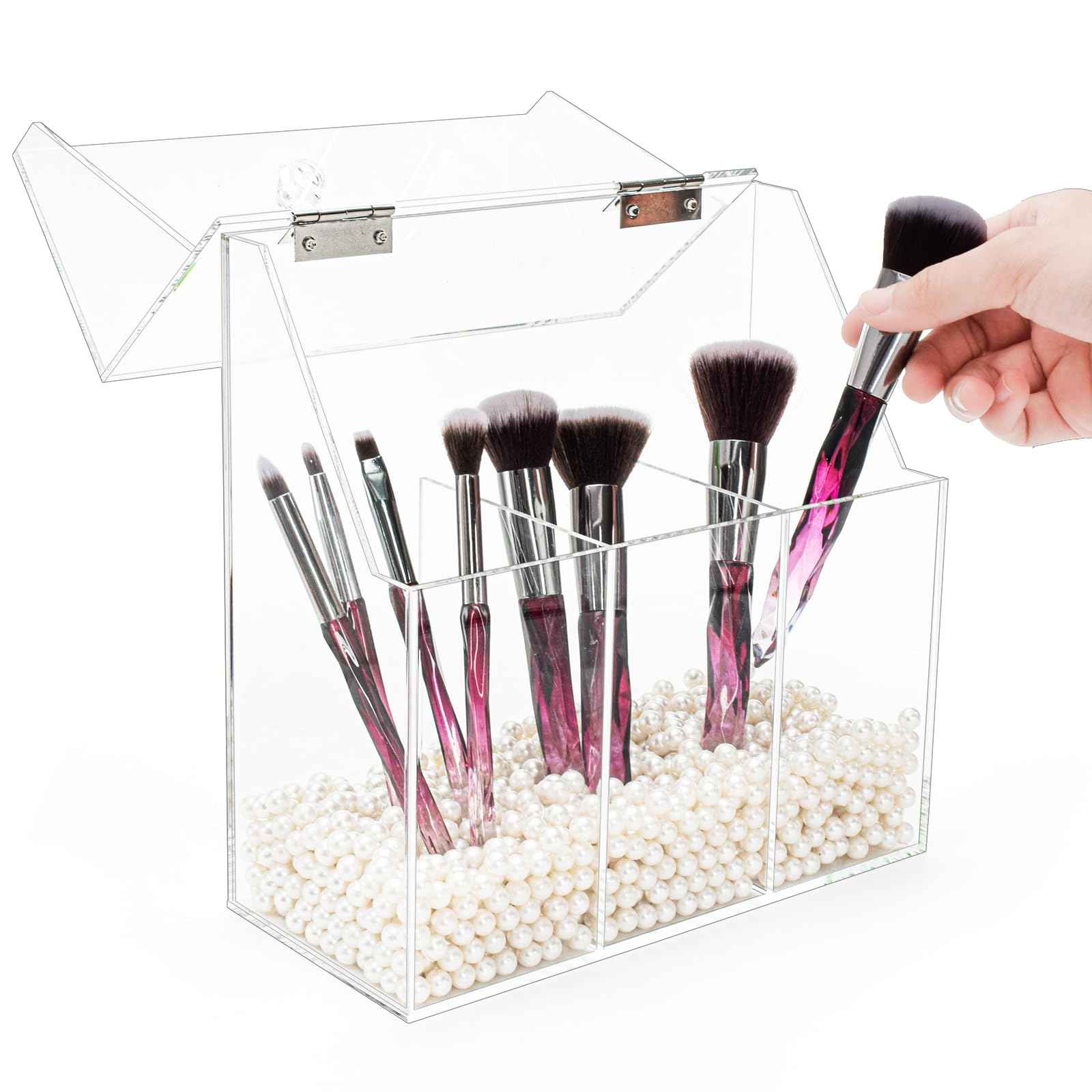 Okllen Makeup Brush Holder with Dustproof Lid, White Pearls, Acrylic Clear Makeup Brush Organizer with 3 Compartment, Large Cosmetic Brush Storage Box Case for Vanity, Bathroom, Bedroom