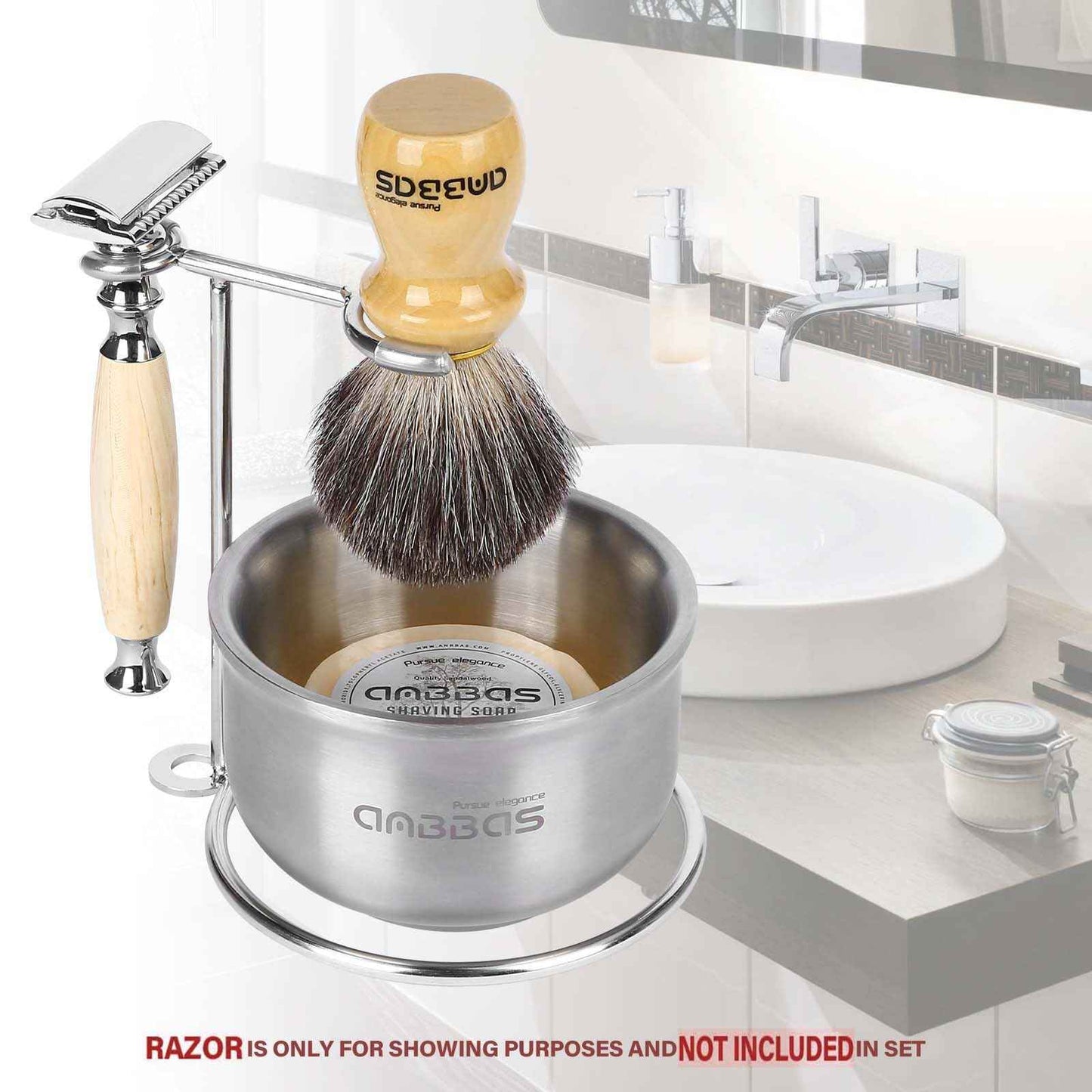 Anbbas Badger Hair Shaving Brush with Wood Handle,Stainless Steel Razor and Brush Stand, Shaving Bowl with Shaving Soap Bar 4in1 Set for Men Wet Shave