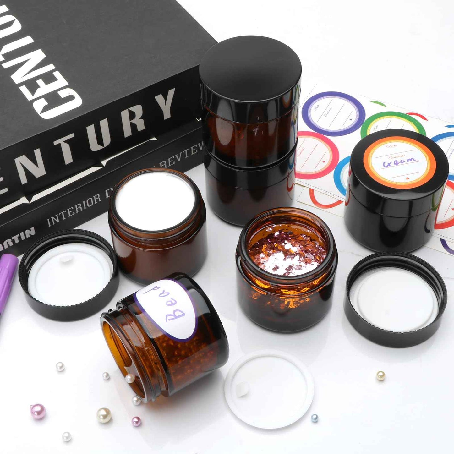 2oz Small Travel Containers with Black Lids,48 Pack Amber Glass Jars with Mini Disposable Spatula for Toiletries，Travel Storage，Makeup Beauty Products, Lotions, Powders and Ointments