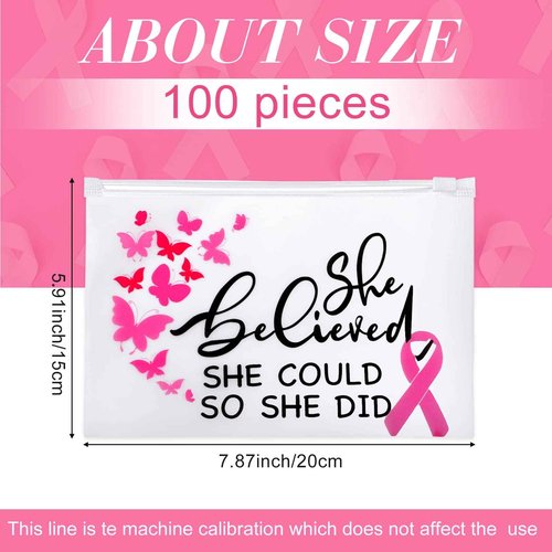 100 Pieces Breast Cancer Awareness Items Makeup Bags Bulk Pink Ribbon Zippered Cosmetic Pouch Breast Cancer Survivor Gifts for Women EVA Waterproof Toiletry Bag for Charity Recognition Public Event