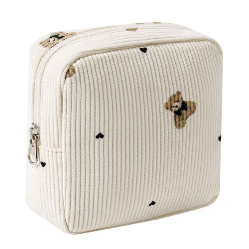 Cute Small Corduroy Zipper Makeup Bag, Mini Coquette Aesthetic Pouch with Bear Pattern for for Purse,Key Pocket Lipstick Bag Card Holder Data Cable Organizer for Women Girls (02Biege Bear)