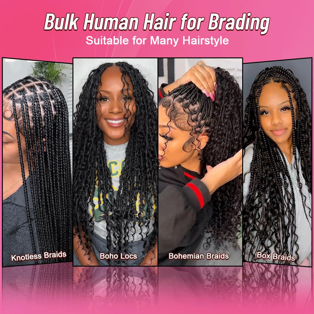 Human Braiding Hair for Boho Braids Curly Bohemian Deep Wave Bulk Human Hair for Braiding Hair Boho Knotless Braids 2 Bundles 100g Wet and Wavy 100% Human Hair Extensions No Weft Natural Color