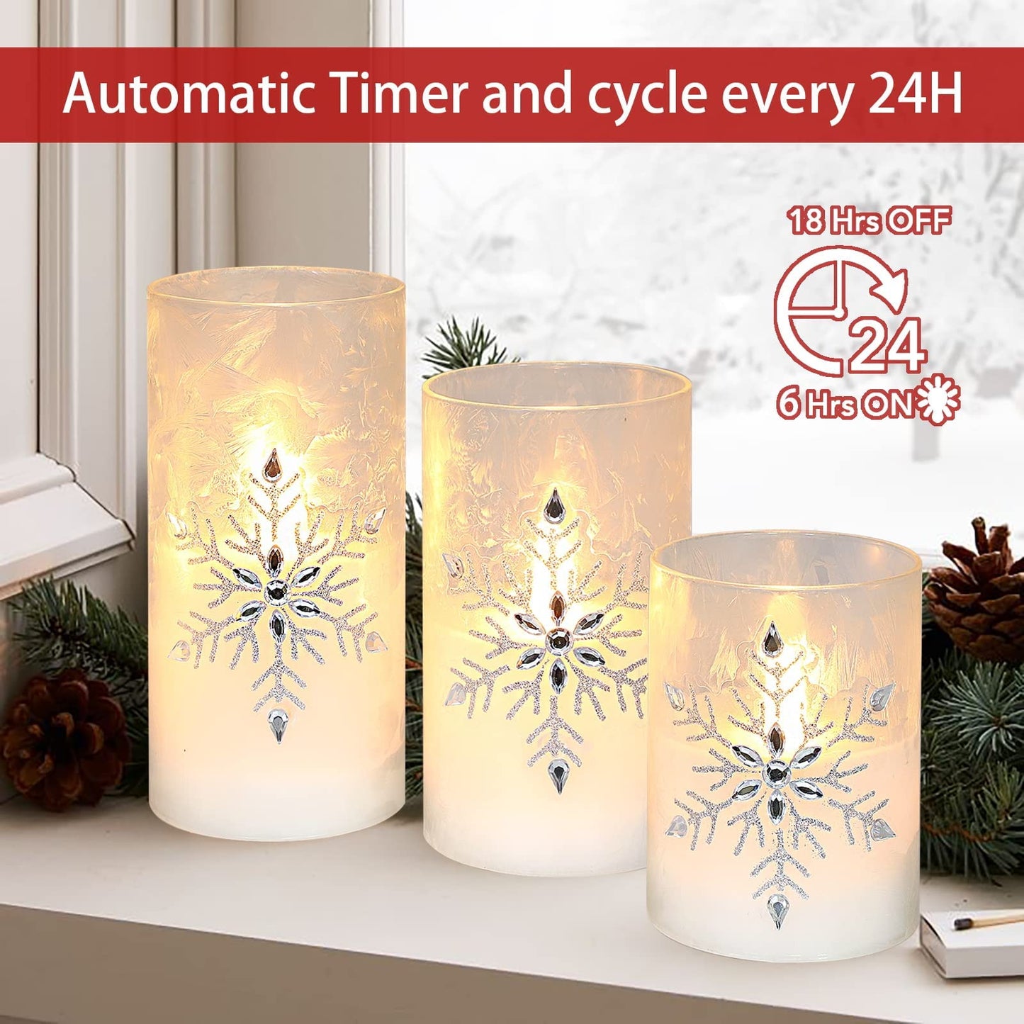 MELTONE Christmas Snowflake LED Candles Real Wax Flickering Glass Flameless Candles with Remote - Home Bedroom Party Holiday Decorations - Set of 3