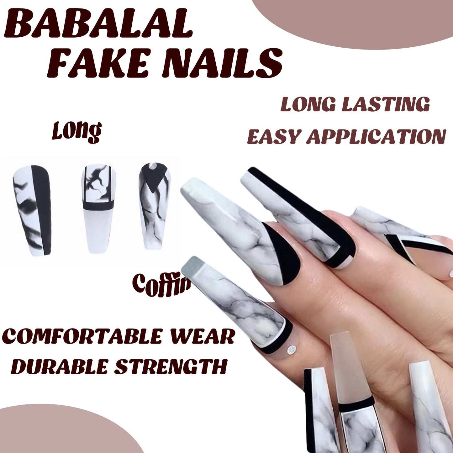 BABALAL Coffin Press on Nails Long Fake Nails Black White Acrylic Nails Rhinestone Matte Stick on Nails 24Pcs Ballerina Long Nails Press on