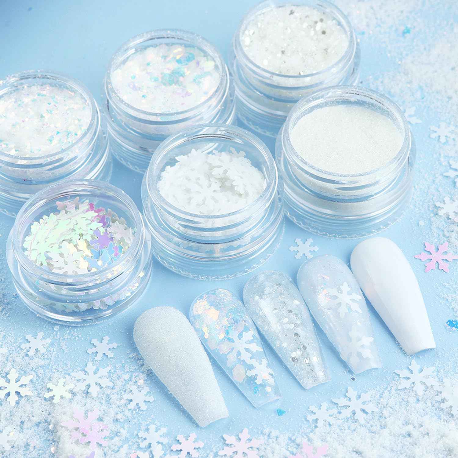 Totelux White Nail Glitter Powder Snowflakes Nail Sequins 6 Jars Winter Snowflakes Nail Art Flakes Powder Kit for Acrylic Christmas Nails Decorations DIY Crafts