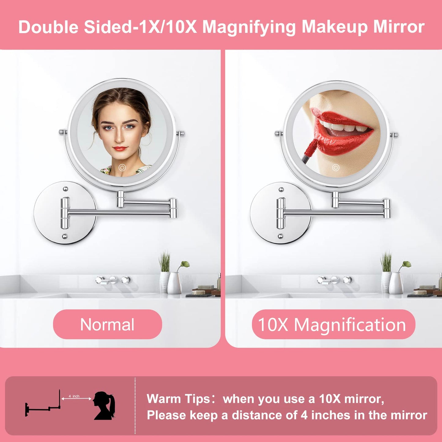 FFowcye Wall Mounted Makeup Vanity Mirror with Lights, 8” Double Sided 1X/10X Wall Mount Magnifying Bathroom Shaving Mirror with 3 Color Lights, Rechargeable Touch Dimmable Extendable Cosmetic Mirror