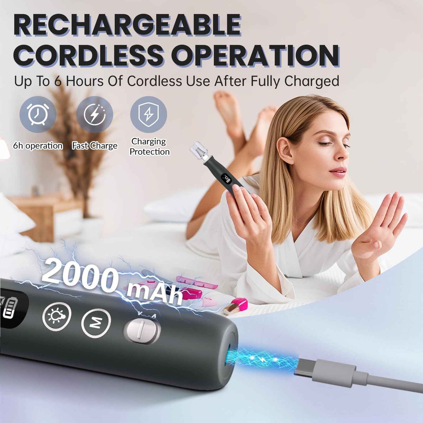 Electric Nail Drill, Cordless 2000 mAh Rechargeable Portable Nail File 12 in 1 Kit for Thick Toenails, 10 Speeds Nail Dril Machine Professional Manicure Pedicure for Hand Natural Nails Care (Grey)