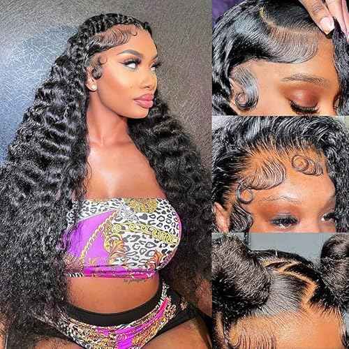 Deep Wave Lace Front Wigs Human Hair 13x4 HD Lace Front Wigs Human Hair Pre Plucked Brazilian Curly HumanHair Wig 200 Density Glueless Frontal Wigs For Women(26inch)