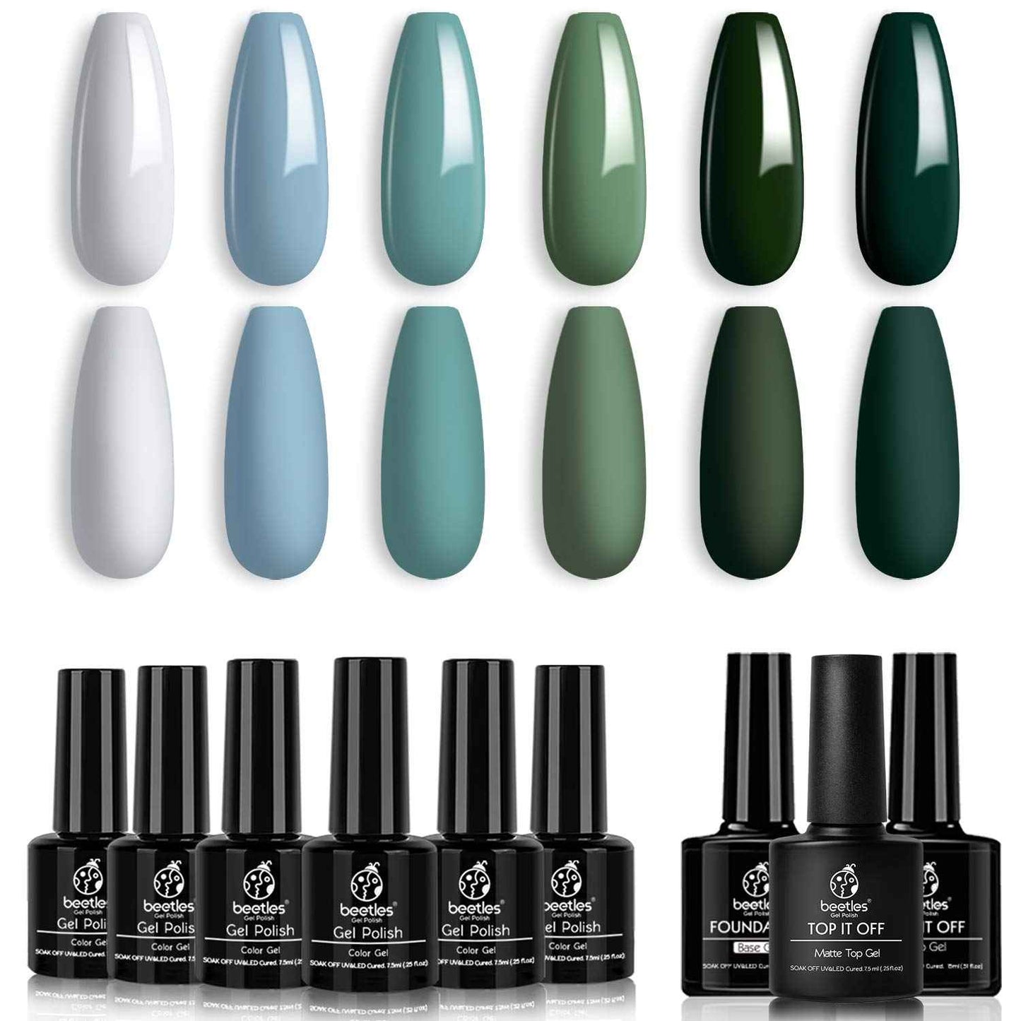 Beetles Blue Green Gel Nail Polish Kit - 6 Colors Misty Gray Dark Green Gel Polish With 3 Pcs Base coat No Wipe Top Coat - Matte Gel Top Coat