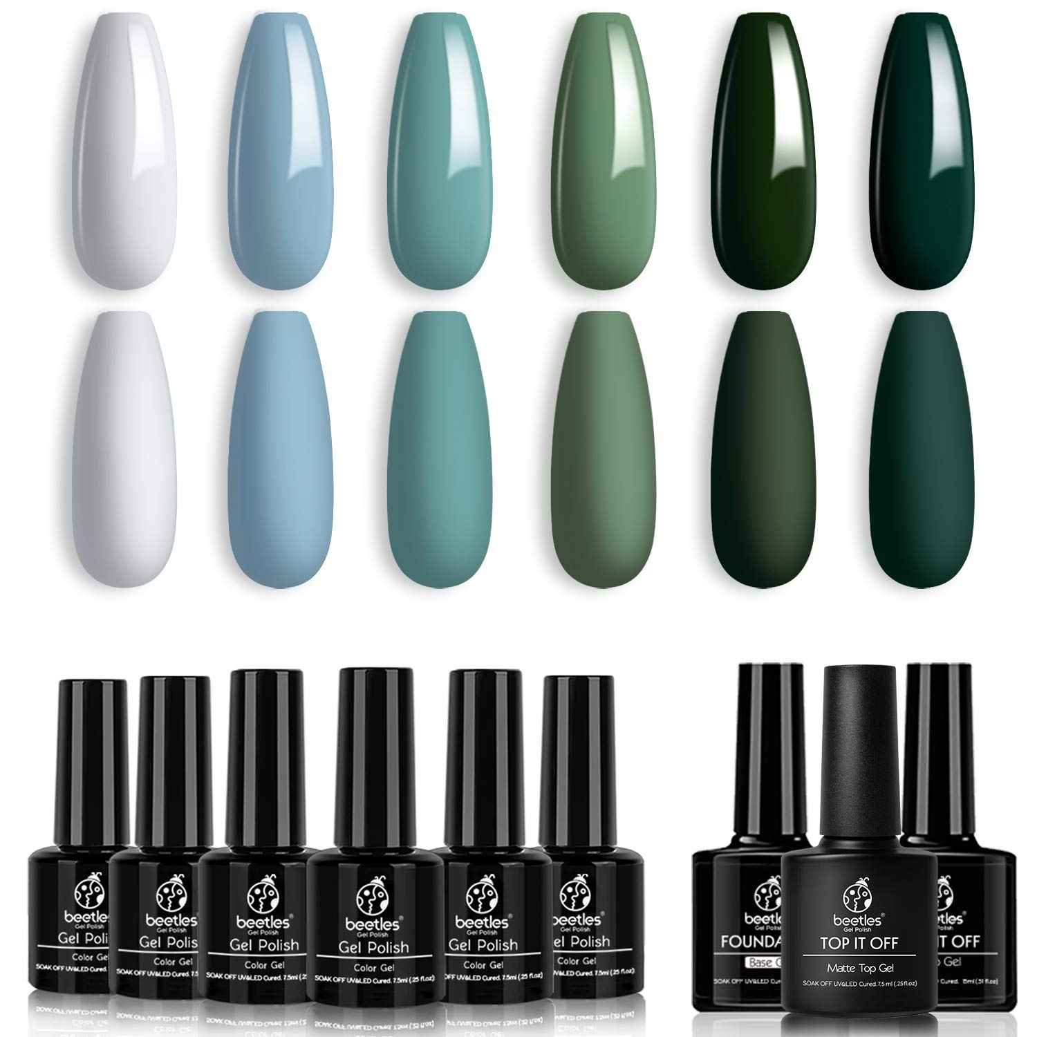 Beetles Blue Green Gel Nail Polish Kit - 6 Colors Misty Gray Dark Green Gel Polish With 3 Pcs Base coat No Wipe Top Coat - Matte Gel Top Coat