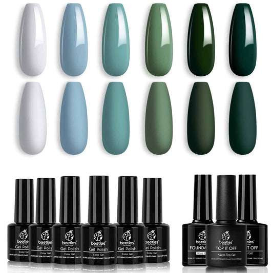 Beetles Blue Green Gel Nail Polish Kit - 6 Colors Misty Gray Dark Green Gel Polish With 3 Pcs Base coat No Wipe Top Coat - Matte Gel Top Coat