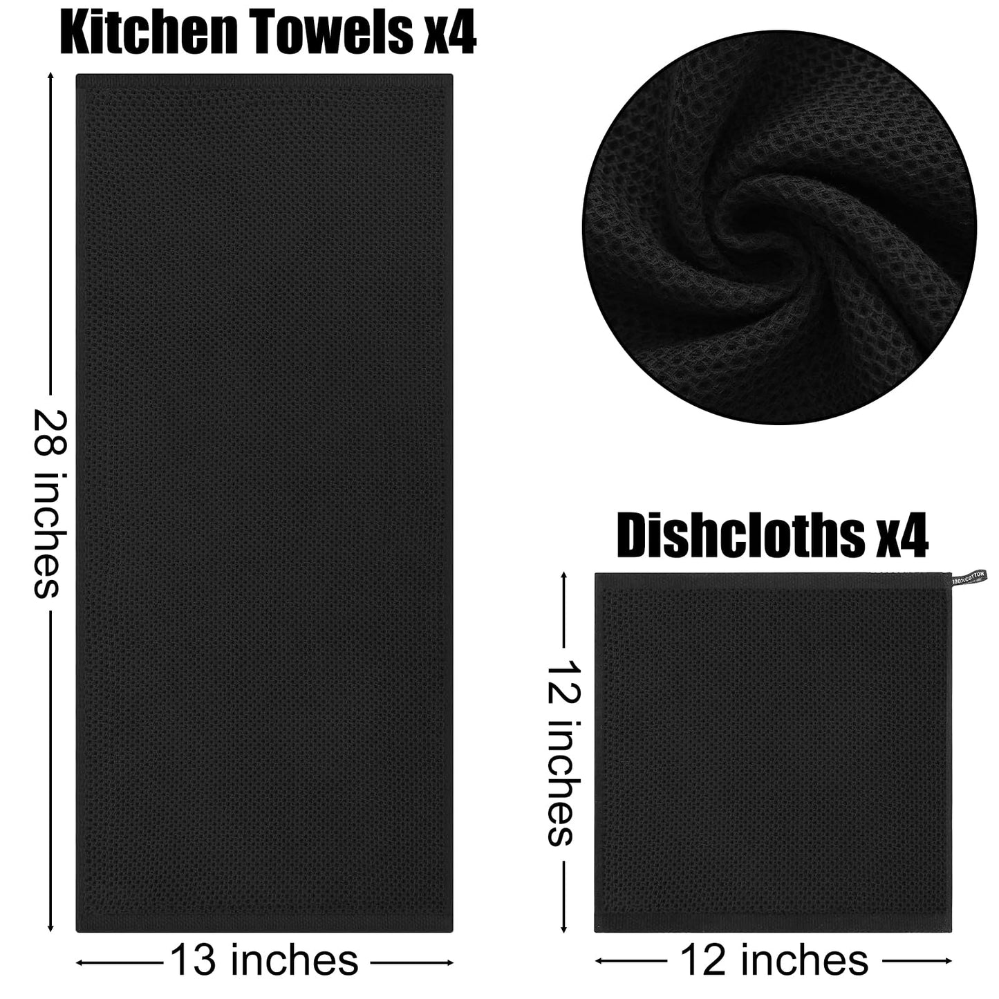 Kitinjoy 100% Cotton Kitchen Towels and Dishcloths Set, 8 Pack Waffle Weave Dish Towels Ultra Soft Absorbent Quick Drying Dish Rags, 13 x 28 Inch and 12 X 12 Inch, Black