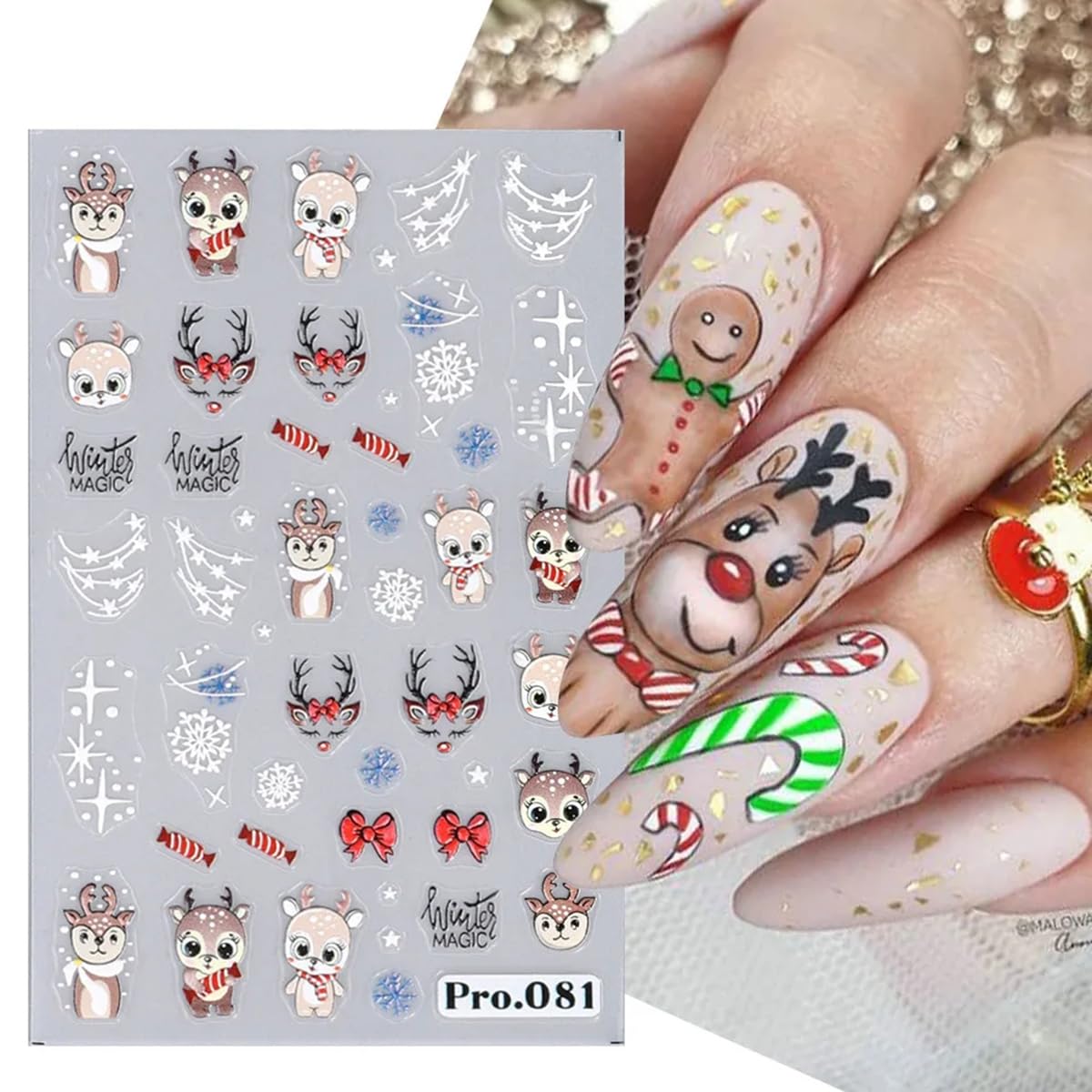 6 Sheet Christmas Nail Art Stickers Decals Self-Adhesive 3D Snowflake Santa Claus Nail Stickers Cute Christmas Nail Art Design Stickers Elk Bell Nail Decals for Women Xmas Holiday Nail Decoration Supp