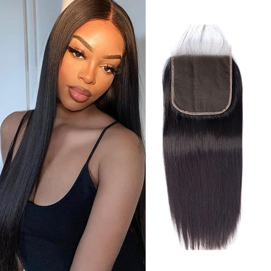 Lace Closure Human Hair 20 Inch 4X4 Straight Closure Only For Women Free Part High Density With Baby Hair Preplucked Bleached Knots Peruvian Virgin Hair Real Human Hair Cheap Natural Color