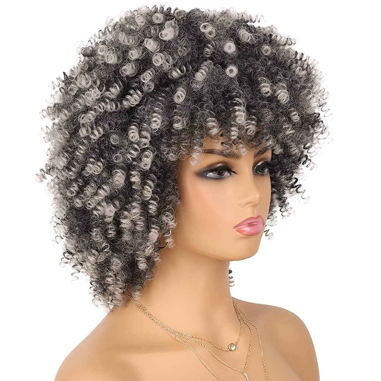 Ninroc Afro Curly Wig with Bangs Black Wigs Kinky Curly Heat Resistant Synthetic Short Curly Wigs for Women Looking Fluffy Bouncy Afro Puff Wig Daily Cosplay (Grey)