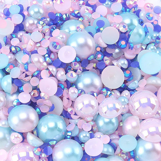 Flatback Pearls Rhinestones for Craft 30g 1400Pcs (2-10mm) Half Round Resin AB Color Rhinestones Pearls for Nail Art Face Body Tumblers-Pink,Blue