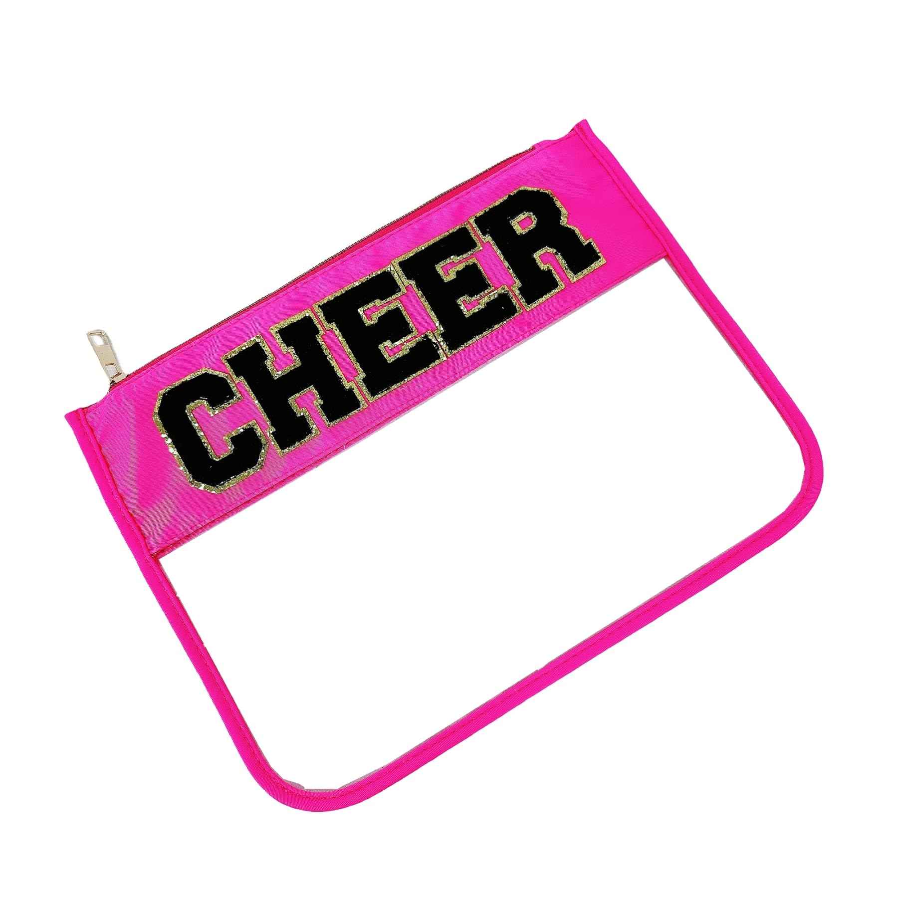 Dealkion Cheer Bag Cheerleader Gifts Accessories Clear Chenille Letter Patch Cheer Makeup Bag Stuff Case Toiletry Zipper Pouch for Women Girls