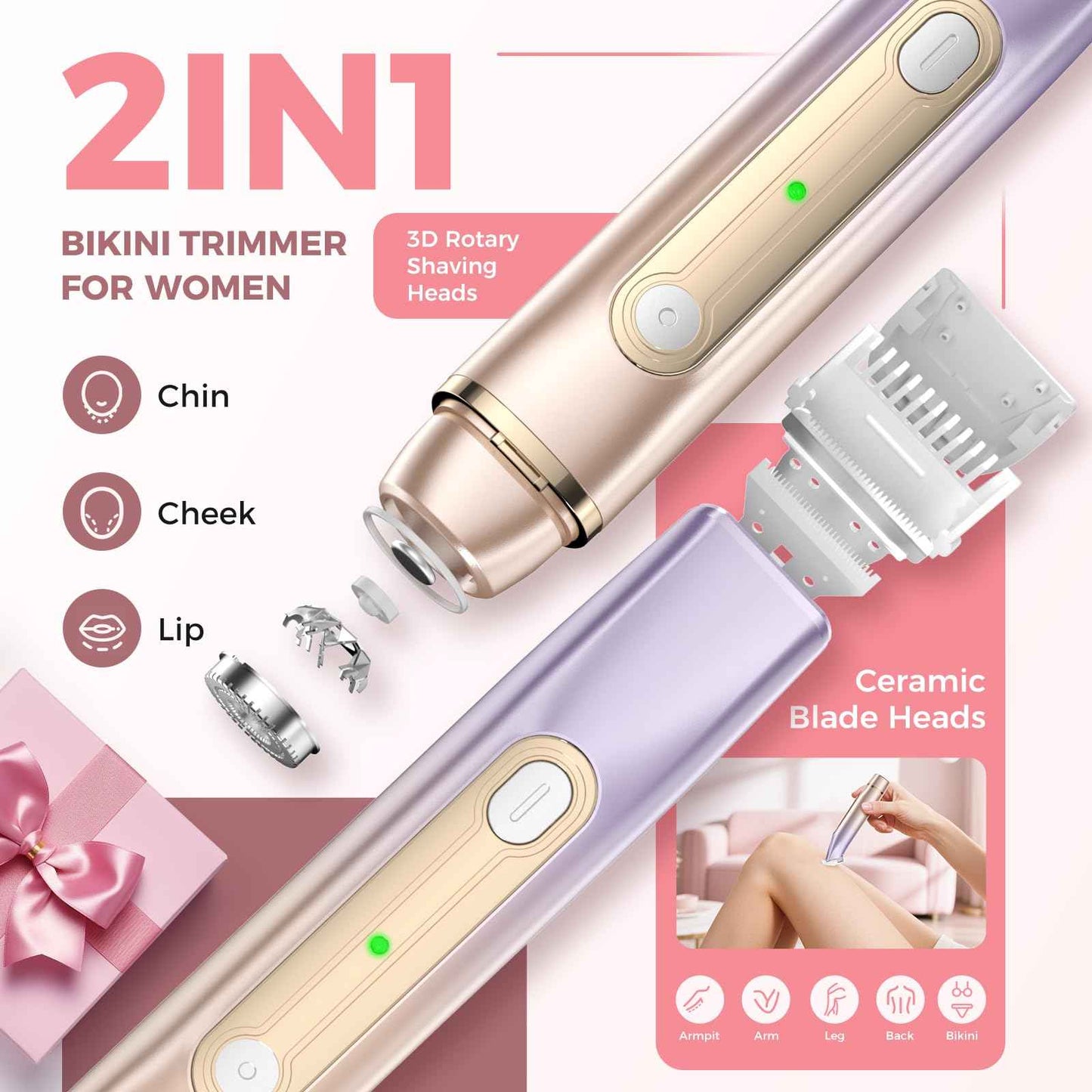 Bikini Trimmer for Women, 2-in-1 Painless Electric Razor for Body and Pubic Hair, IPX7 Waterproof Shaver with Dual Heads - Rechargeable Lady Trimmer for Bikini, Underarm, and Leg (Coral Purple)