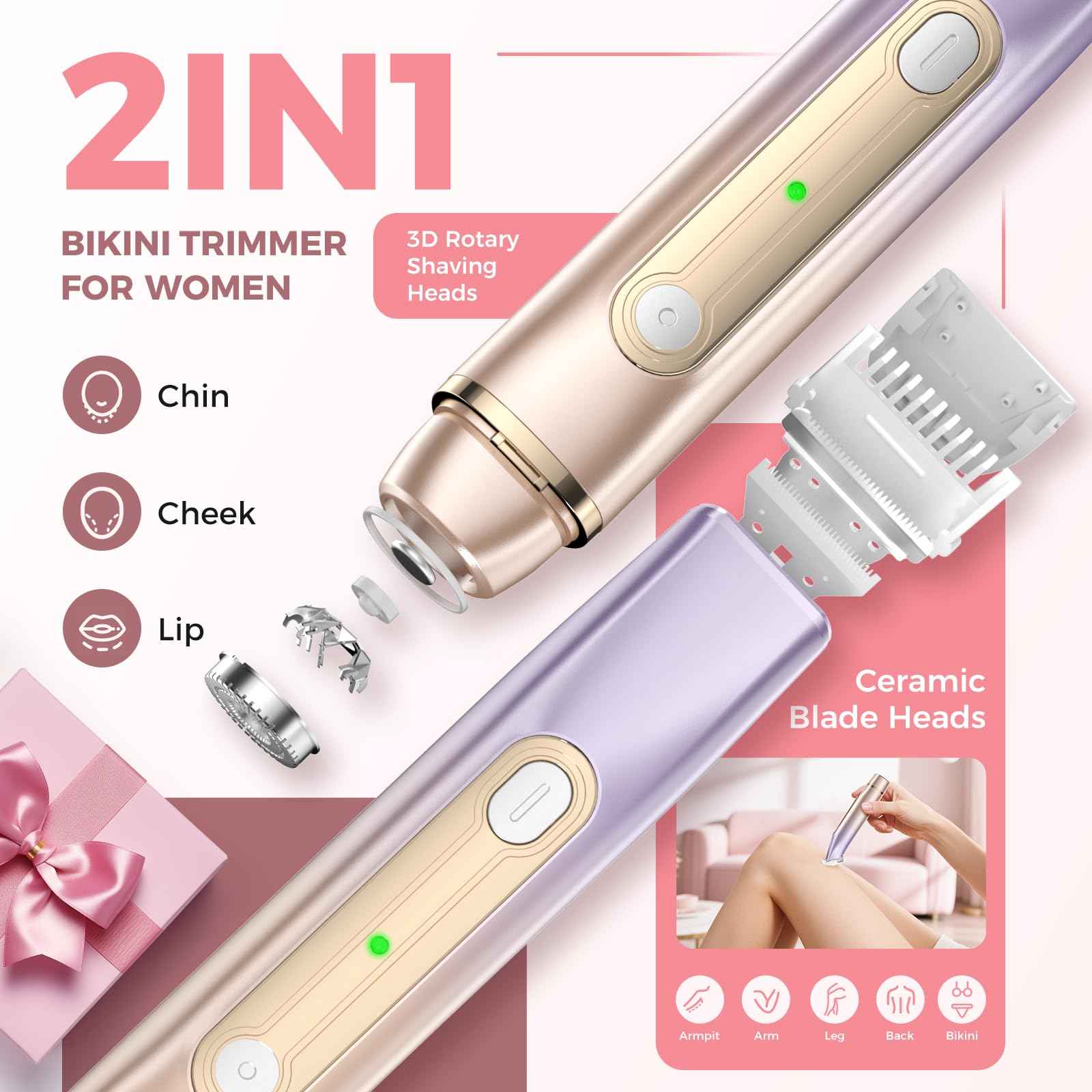Bikini Trimmer for Women, 2-in-1 Painless Electric Razor for Body and Pubic Hair, IPX7 Waterproof Shaver with Dual Heads - Rechargeable Lady Trimmer for Bikini, Underarm, and Leg (Coral Purple)