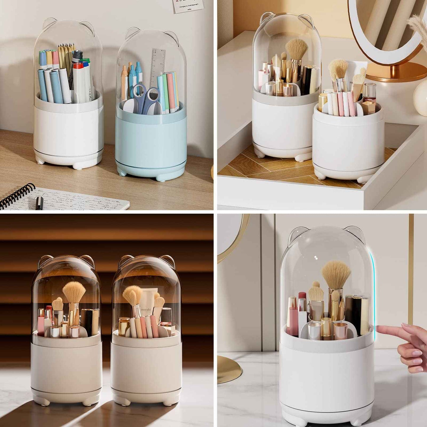LtyTz Cute Makeup Brush Holder Organizer with Lid, Rotating Dustproof Make Up Brushes Container with Clear Acrylic Cover for Vanity Desktop Bathroom Countertop