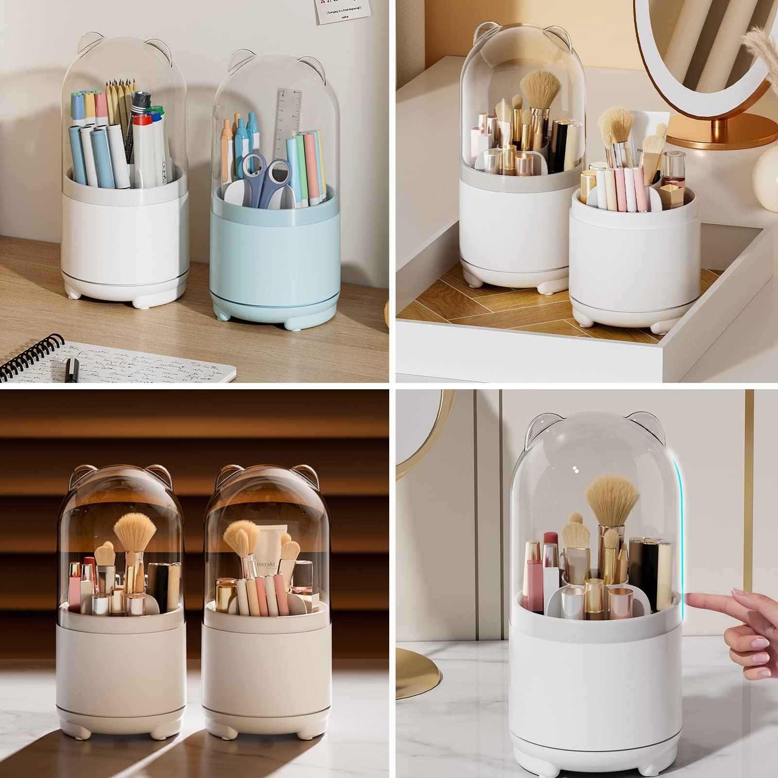 LtyTz Cute Makeup Brush Holder Organizer with Lid, Rotating Dustproof Make Up Brushes Container with Clear Acrylic Cover for Vanity Desktop Bathroom Countertop