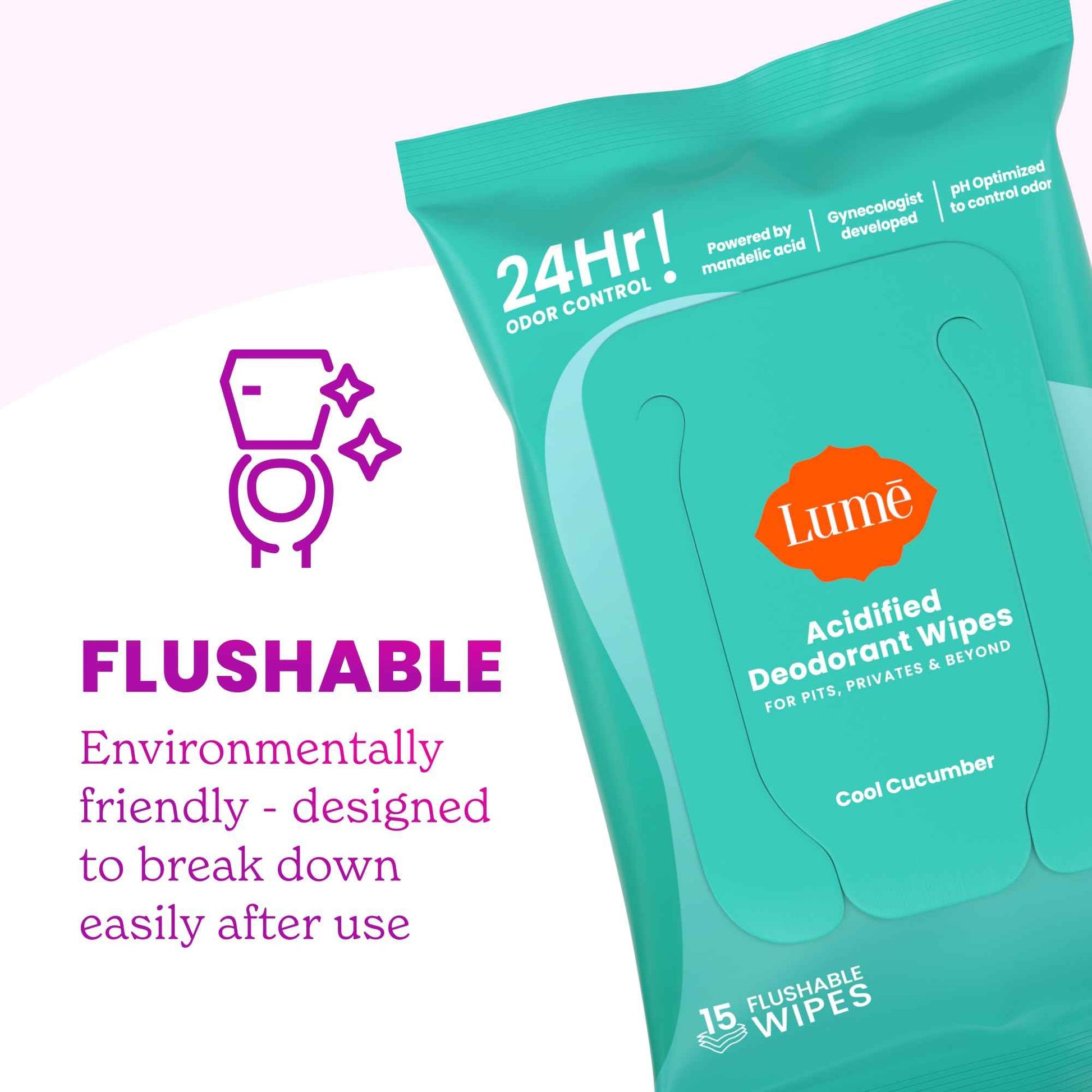 Lume Acidified Body Wash & Flushable Deodorant Wipes - 24 Hour Odor Control - Hydrating Wash - Without SLS or Parabens - OB/GYN Developed - 8.5 Ounce (Unscented) 15 Count Wipes (Cool Cucumber)