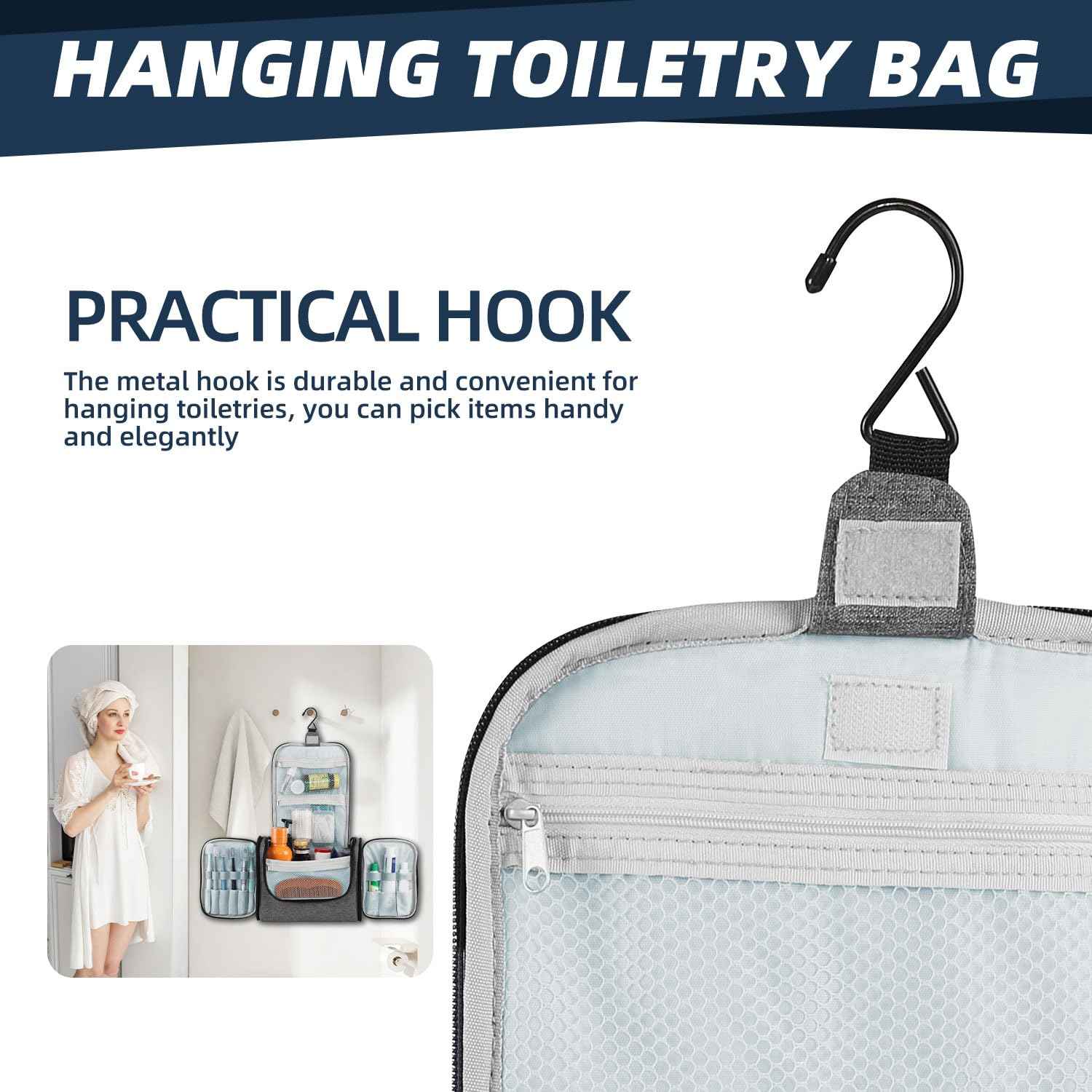 Buruis Large Capacity Toiletry Bag for Women and Men, Hanging Toiletry Organizer Cosmetics Makeup Bag, Water-resistant Dopp Kit Shaving Bags for Full Sized Toiletries, Travel Essentials (Oxford Gray)