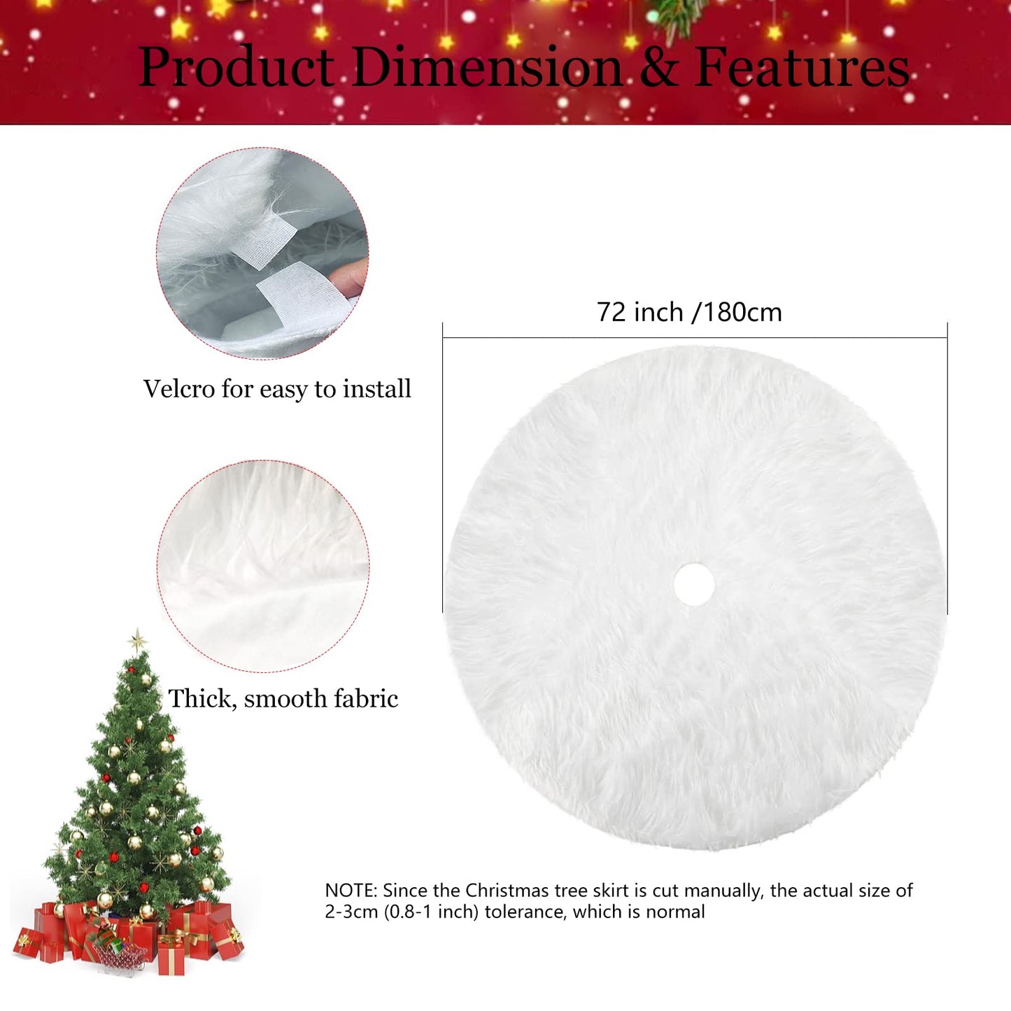 72 Inch Christmas Tree Skirt, Extra Large Thick Luxury Snowy Faux Fur Tree Skirt, White Plush Velvet for Merry Christmas Party Tree Decoration