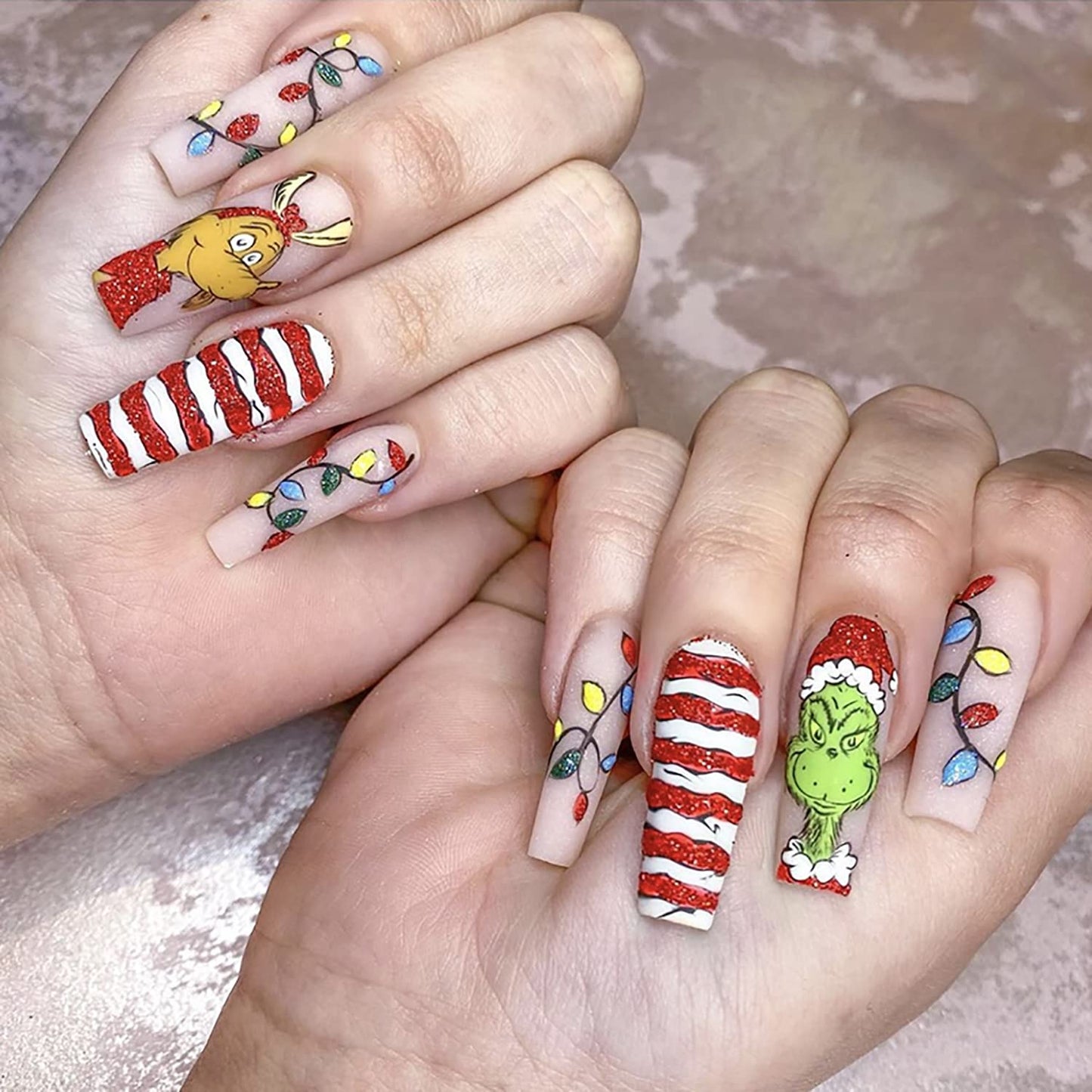 Christmas Press on Nails,Long Coffin Fake Nails Cartoon Red Full Cover False Nails with Design Grinch Winter Stick on Nails Xmas Artificial Acrylic Nails Christmas Nail Decorations Supplies for Women