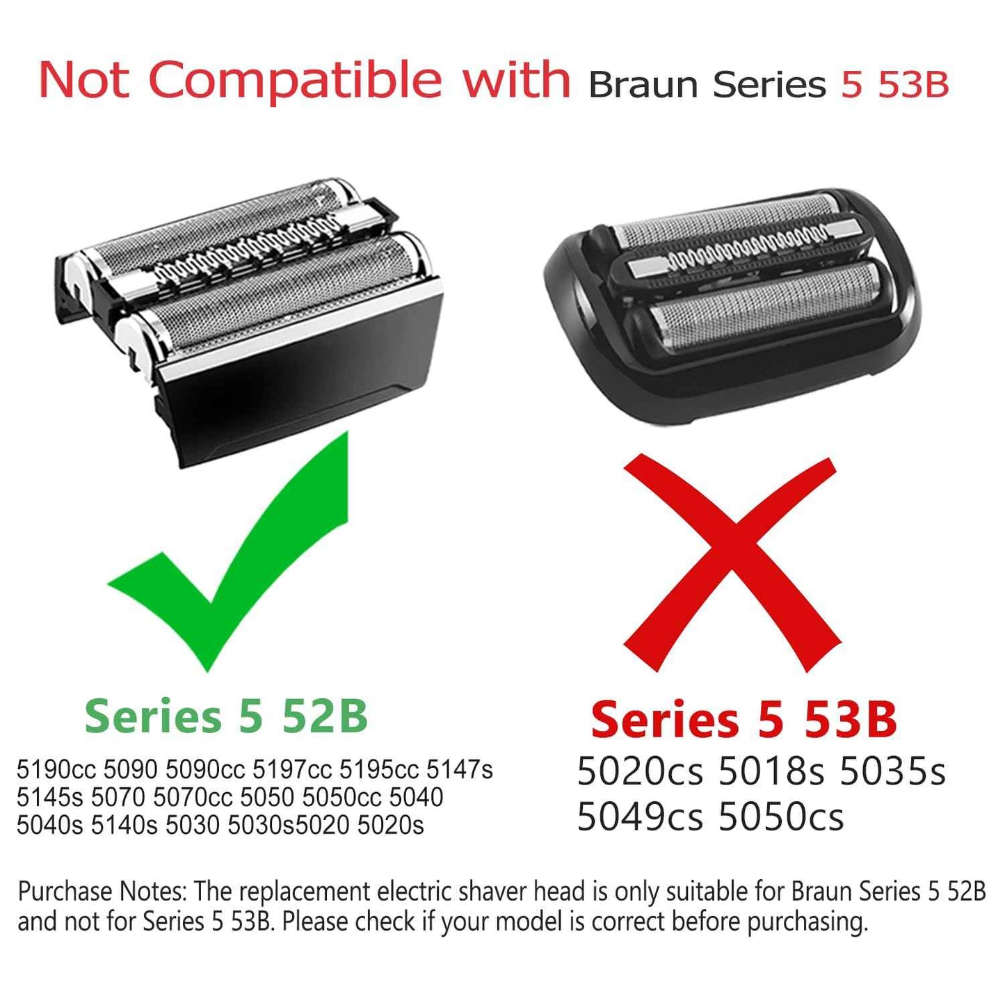 Pinkind 52B Replacement Shaver Head for Braun Series 5,Shaving Razor Head Suitable for Braun S5 5020, 5020s, 5030s, 5040, 5040s, 5050, 5050cc, 5070, 5070cc,5090cc, 5140s, 5145s, 5147s-Not for S5 53B
