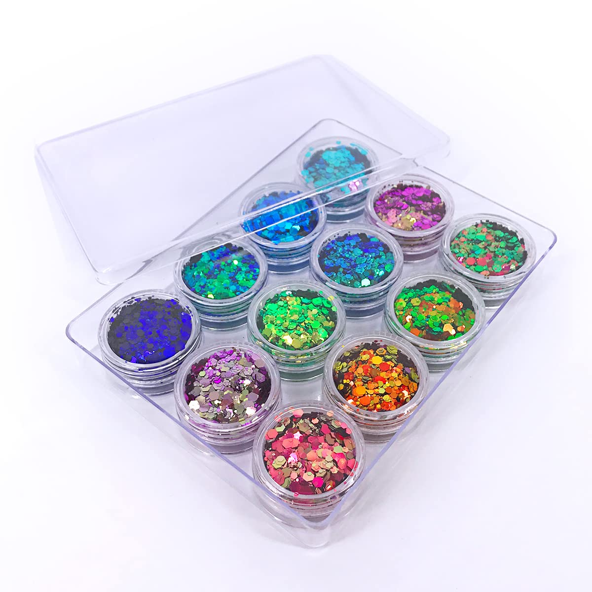 12 Pack - Mermaid Color Shift Chunky Face Glitter, Hair Glitter, Eye Glitter & Body Glitter for Women & Men. Rave Glitter, Festival Accessories & Cosmetic Glitter Makeup. Loose Glitter Pots, Glue