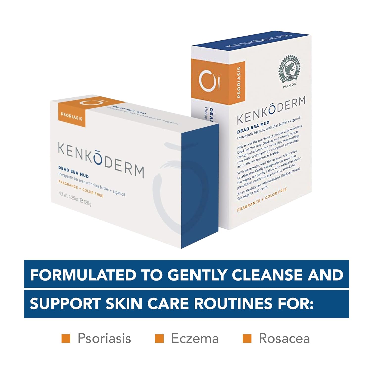 Kenkoderm Psoriasis Dead Sea Mud Soap with Argan Oil & Shea Butter, Natural Exfoliating Body & Face Cleanser for Sensitive Skin, Fragrance & Color-Free, 4.25 Ounce, 1 Bar