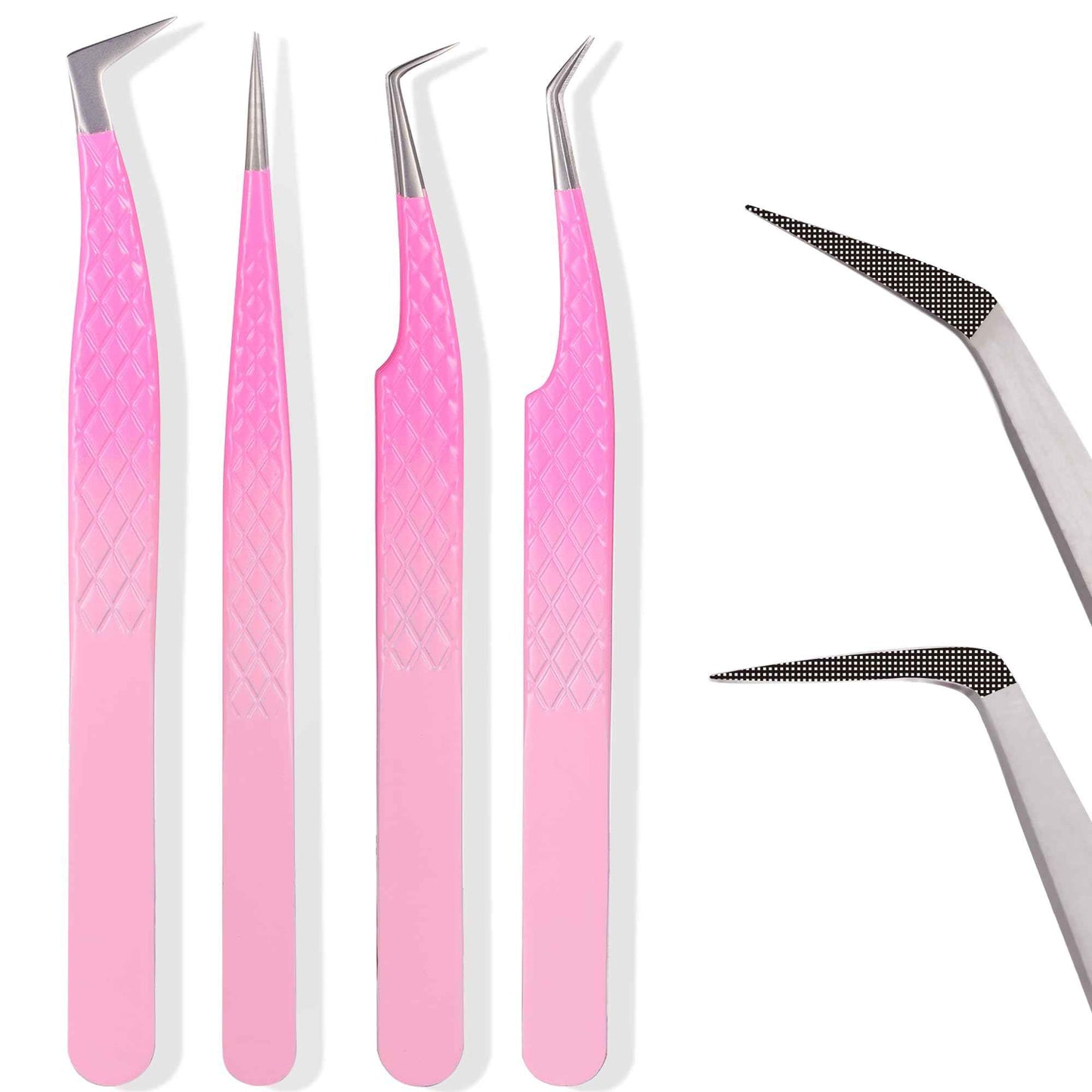 Fiber Tip Lash Tweezers For Eyelash Extension 4 Pcs Tweezers Professional Artist Tech Work Kit Tools,Best Volume Eyelash Lashes Extensions Precision Supplies Volume Boot 90 45 Degree(Omber pink)
