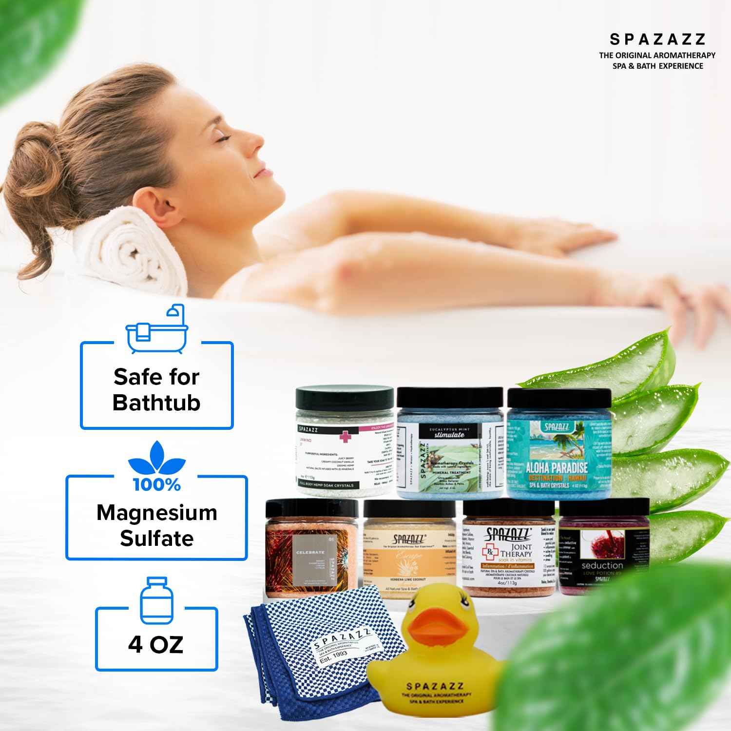Spazazz Hot Tub Aromatherapy Gift Bundle- Seven- 4 Oz Spazazz Hot Tub Aromatherapy Bath Salt Crystals Sampler Jars Plus Hot/Cold Towel and Rubber Duck - Seven Distinct Scents of Bath and Spa Salts