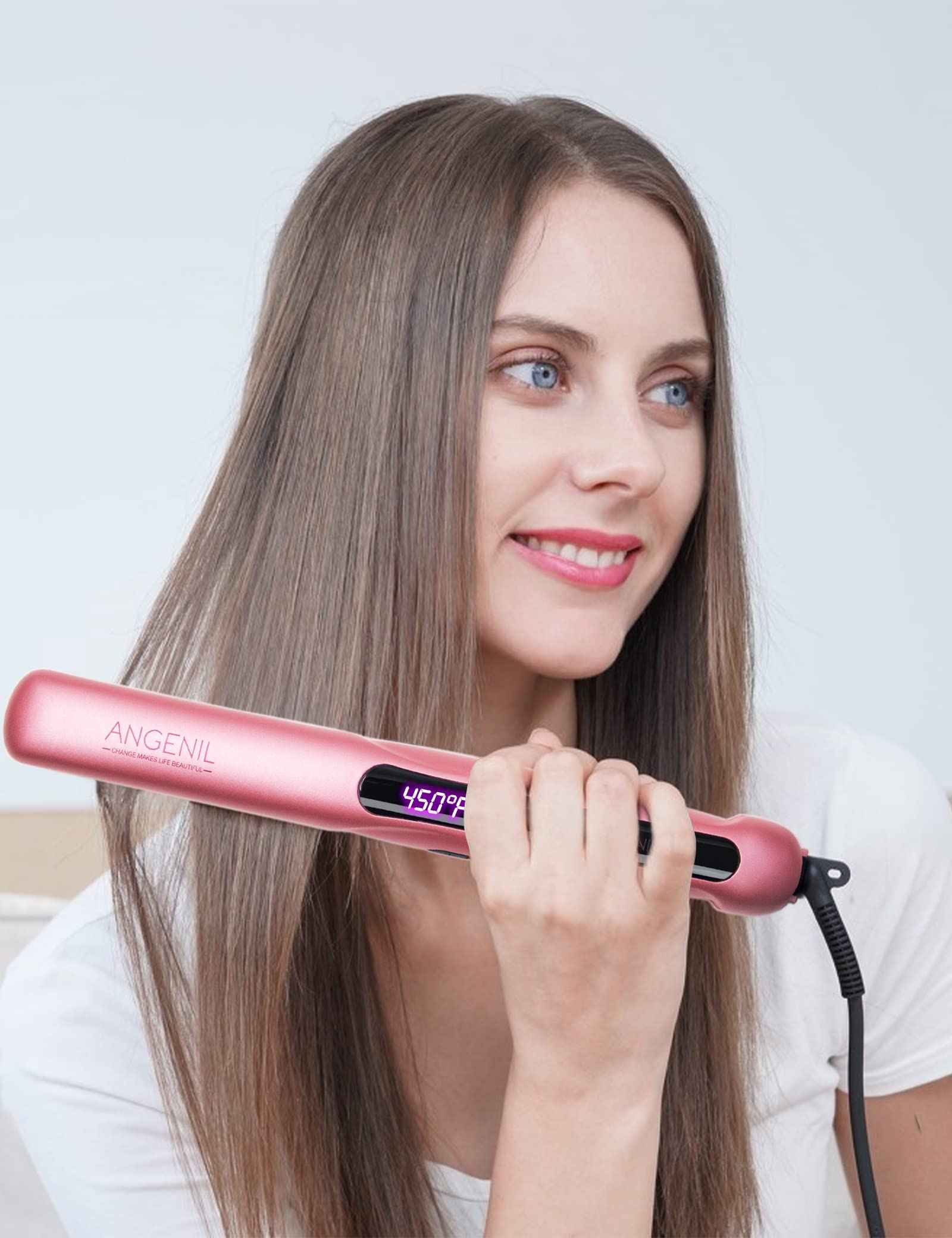 ANGENIL Ceramic Flat Iron Hair Straightener - 1inch Straightening and Curler 2 in 1,Professional Hair Iron Flat for Women Shinier&Smoother Hair,LCD Display,30s Fast Heating