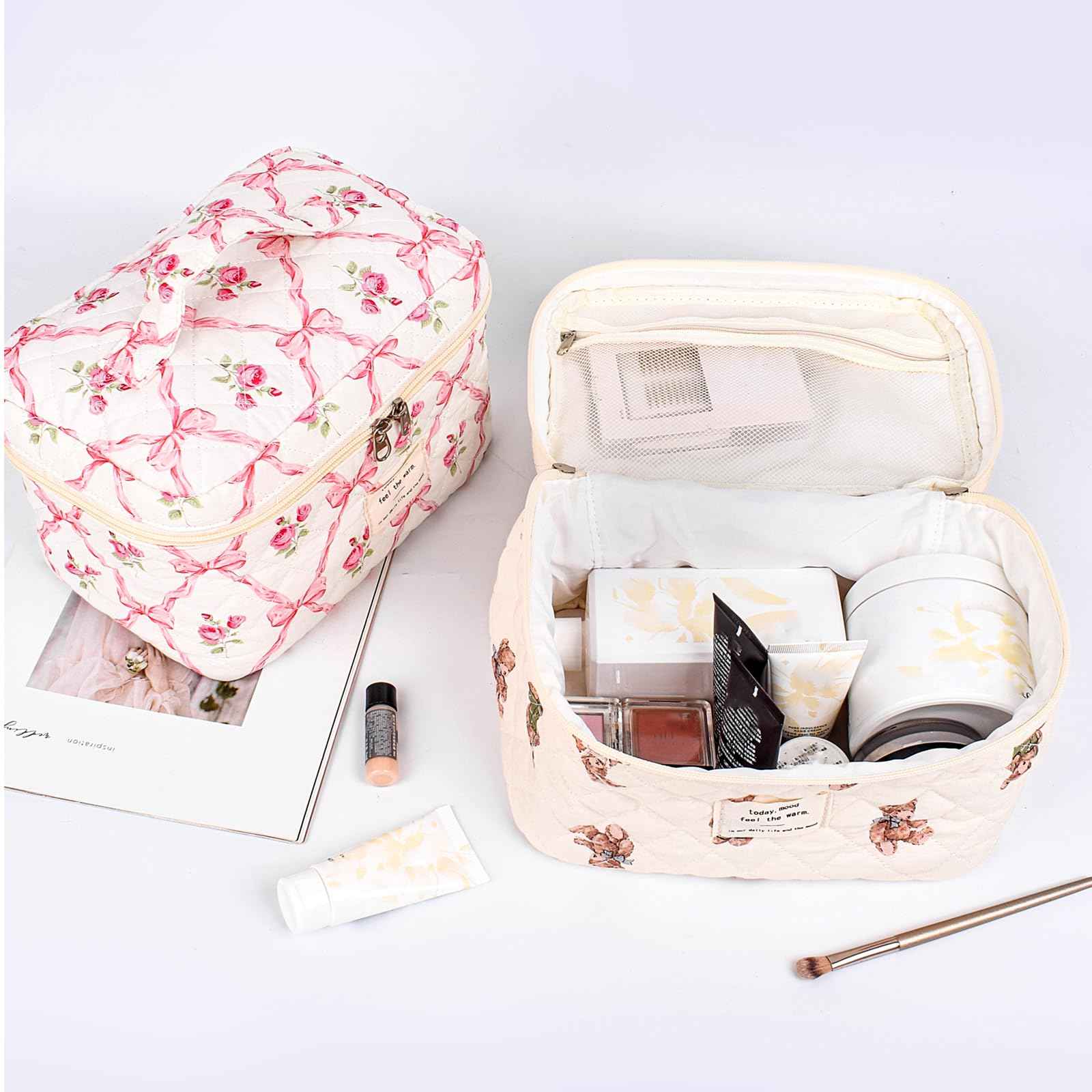 SXS LACONIC 3PCS Quilted Makeup Bag Set, Cosmetic Pouch for Women, Travel Toiletry Bags with Zipper Closure, Coquette Floral Make up Organizers