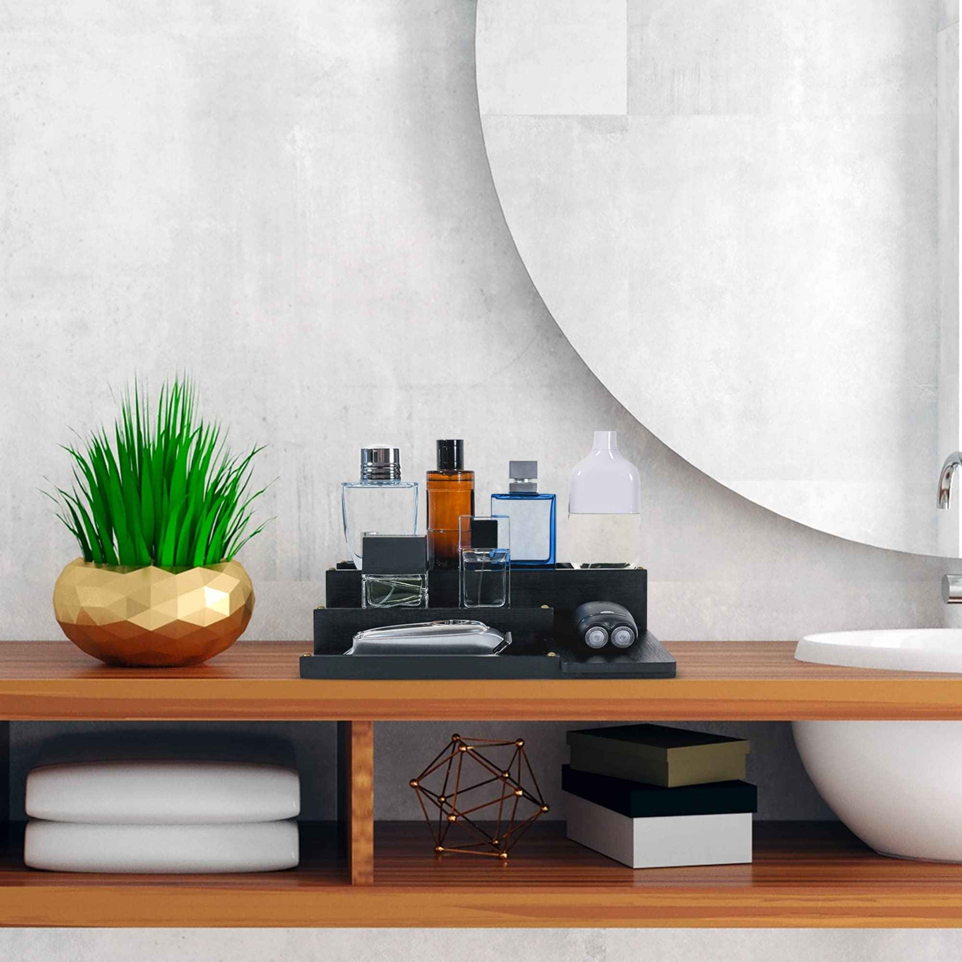 Manzano Essentials Cologne Organizer for Men, Bamboo Wood 4 Tier Display Stand with 2 Hidden Compartments, Perfume, Vanity, Dresser, EDC Organizer, Rustic Black