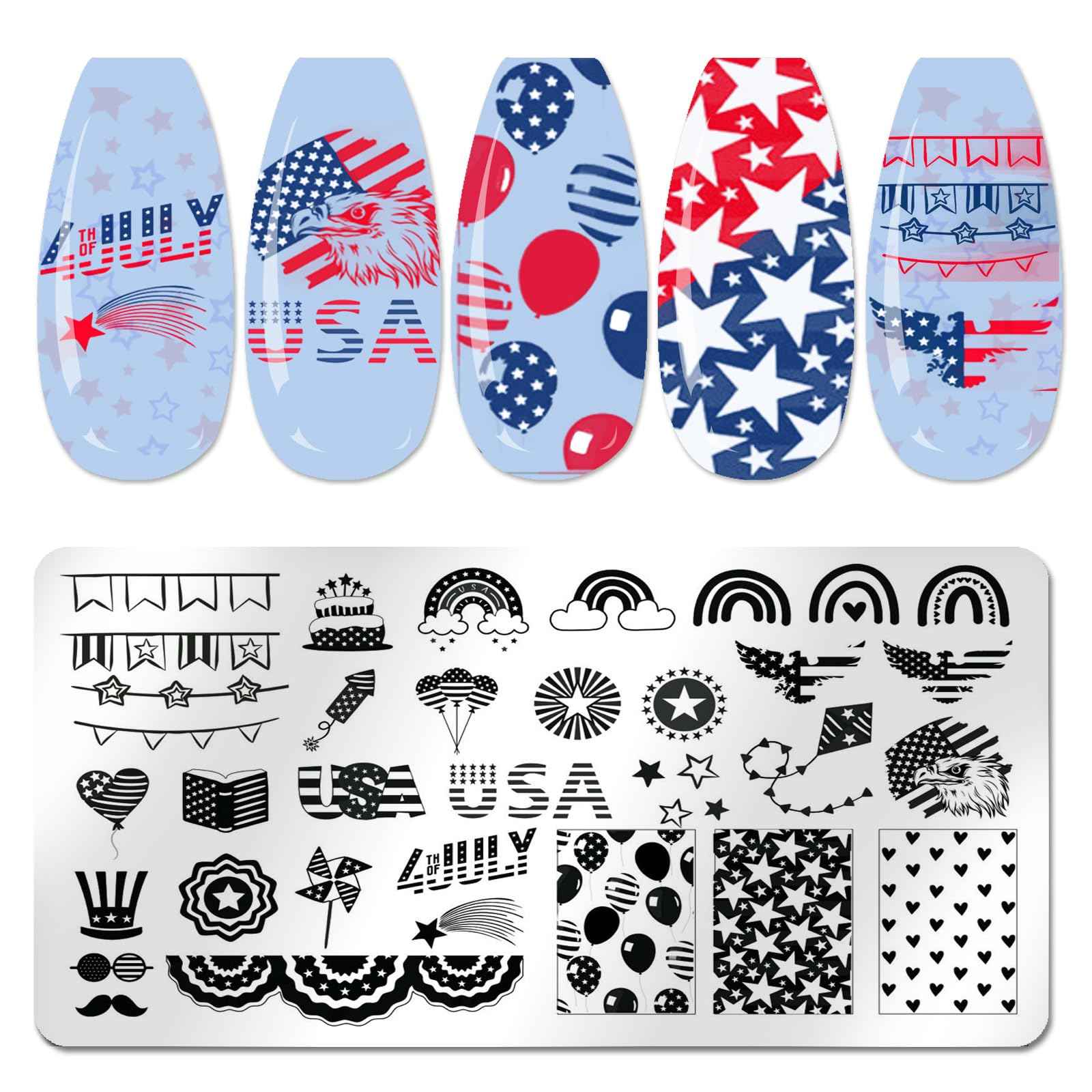 JERCLITY 6pcs 4th of July Nail Stamping Plates Independence Day Nail Stamping Kit Patriotic American Flag Star Statue of Liberty Image Plates Nail Art Design Template Print Nail Stamper Kit for Women